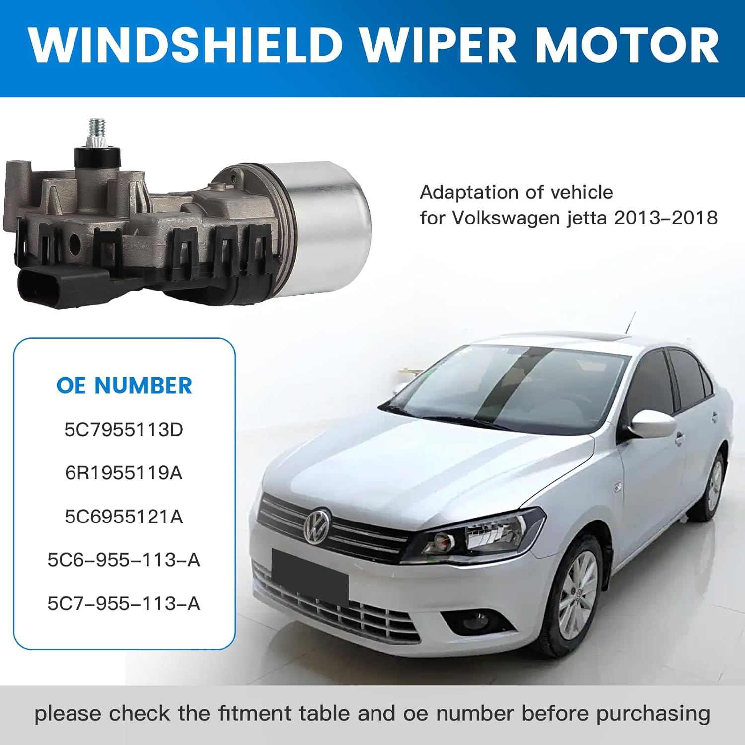 Windshield Wiper Motor Assembly Compatible with Volkswagen Jetta 2011-2018 Replacement Front Wiper Motor 6R1955119A 5C6-955-113A 5C6-955-121A 5C7-955-113A 5C7-955-113D