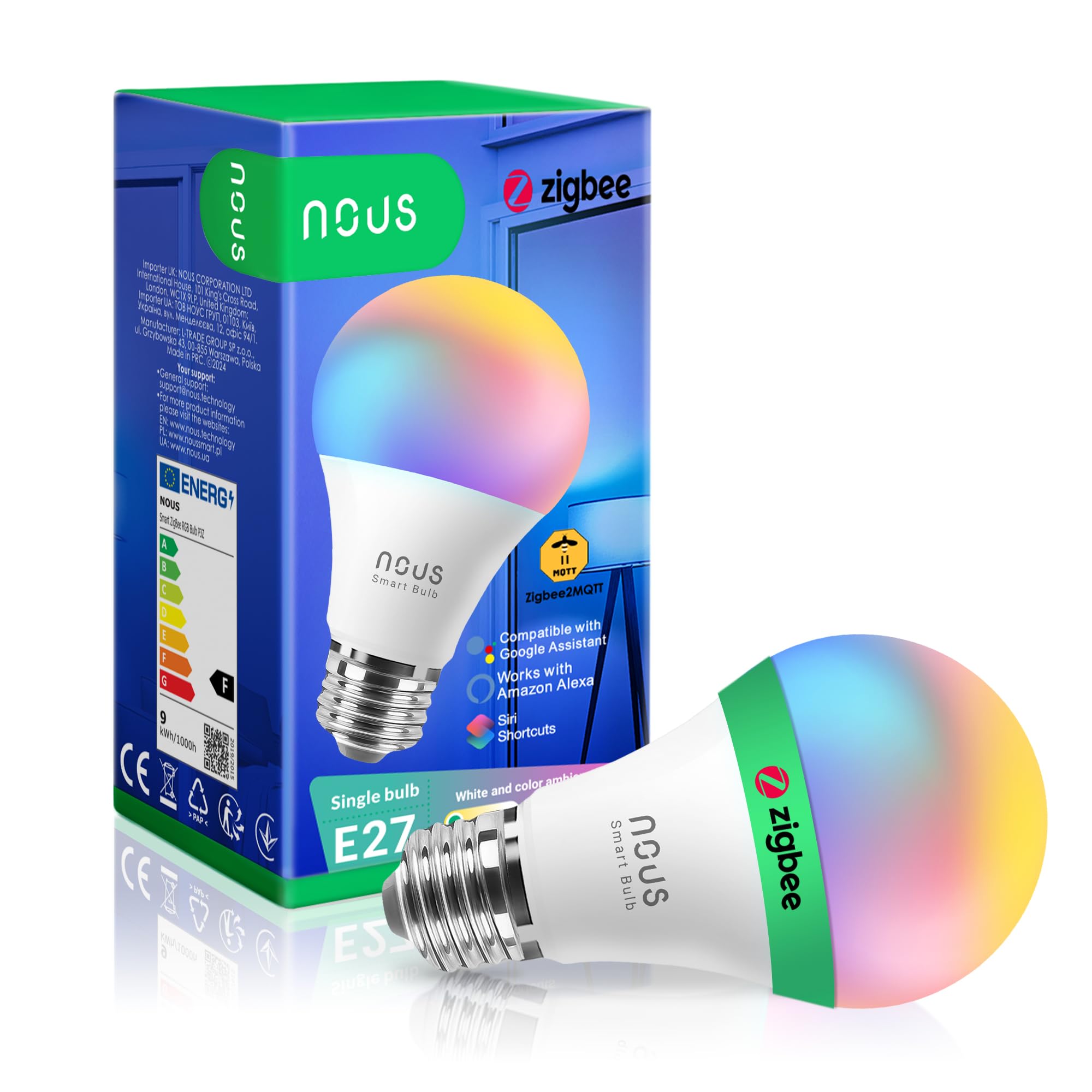 NOUS NOUS P3Z ZigBee Smart Glühbirne E27 LED, RGB, Kompatibel mit Alexa, Home Assistant, Google Home, SmartThings, Fernbedienung, Dekorative Glühbirne Zubehör, 1 Pack