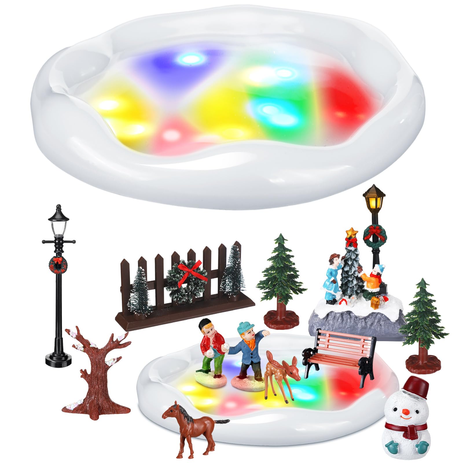 Thyle Christmas Village Sets Ice Skating Pond Christmas Miniature Figurines Accessories for Home Decorations Indoor Holiday
