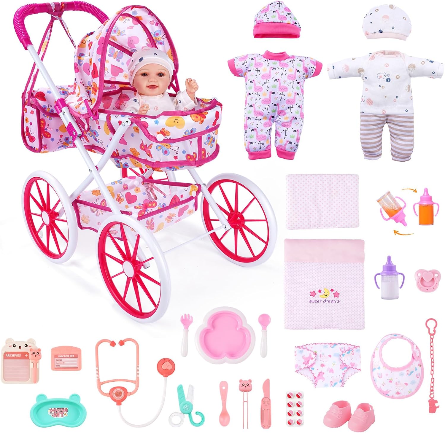 JIZHI Baby Doll Stroller with 12 Inch Dolls, 27-Piece Doll Stroller Set with Baby Doll Accessories for Pretend Play, Feeding & Bedding Playset Gift for Kids 3+