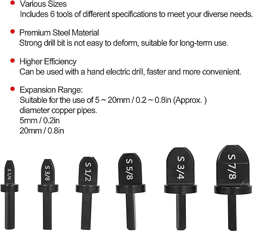 Miniatura 5 de Juego de 6 brocas de herramientas de estampación de tubos de cobre, herramientas de encendido manual profesional, 14 38 12 58 34 78