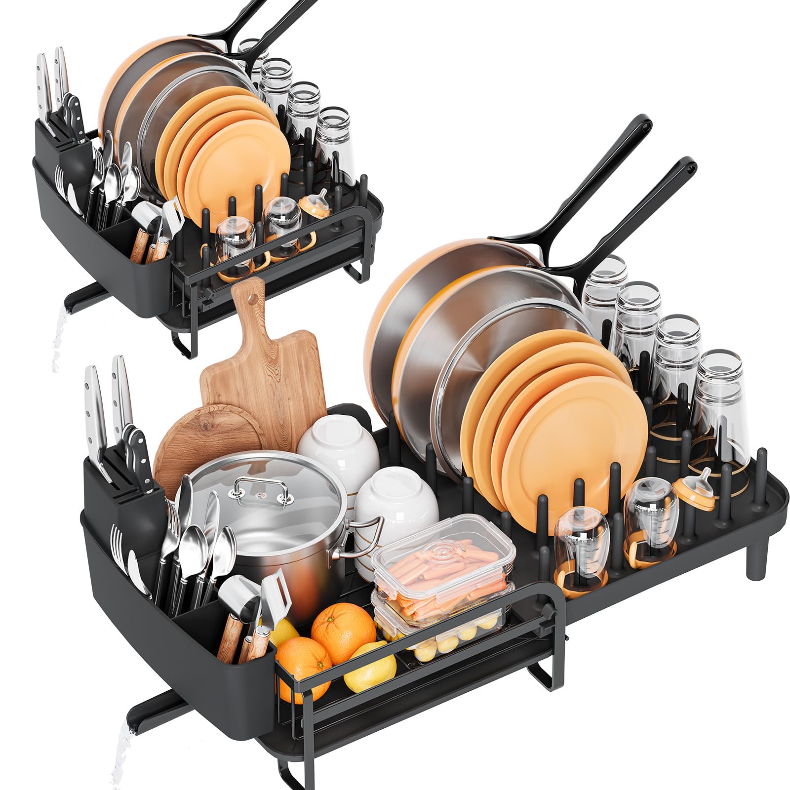 Urackify Escurridor de Platos, Escurridor de Platos para Fregadero, Escurreplatos Plegable, Escurreplatos Multifuncional con Portautensilios Grande, Escurridor Ollas y Sartenes, Negro