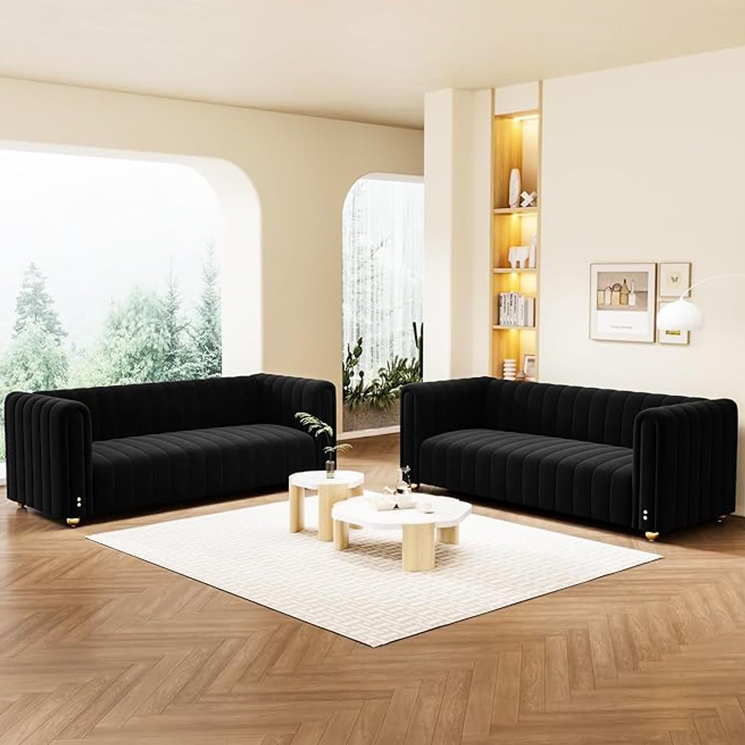 2 Piece 81″ Black Gold Comfy Couch Modern Luxury Velvet Sofa