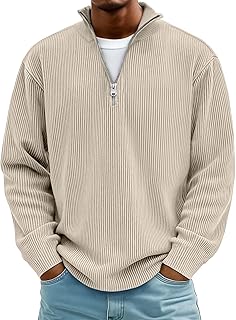 Trendy Waffle Texture Quarter Zip Pullover: Long Sleeve Ribbed Stand Collar Sweatshirt (Khaki)