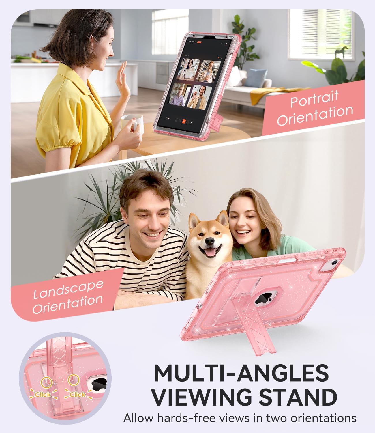 ZoneFoker Case for iPad Air 5th/ 4th Generation Case (2022/2020) 10.9'', for iPad Pro 11 Inch (4th/3rd/2nd/1st Gen), Hard Sturdy Slim Cover for iPad Air 5 4 th with Pencil Holder/Stand, Pink Glitter