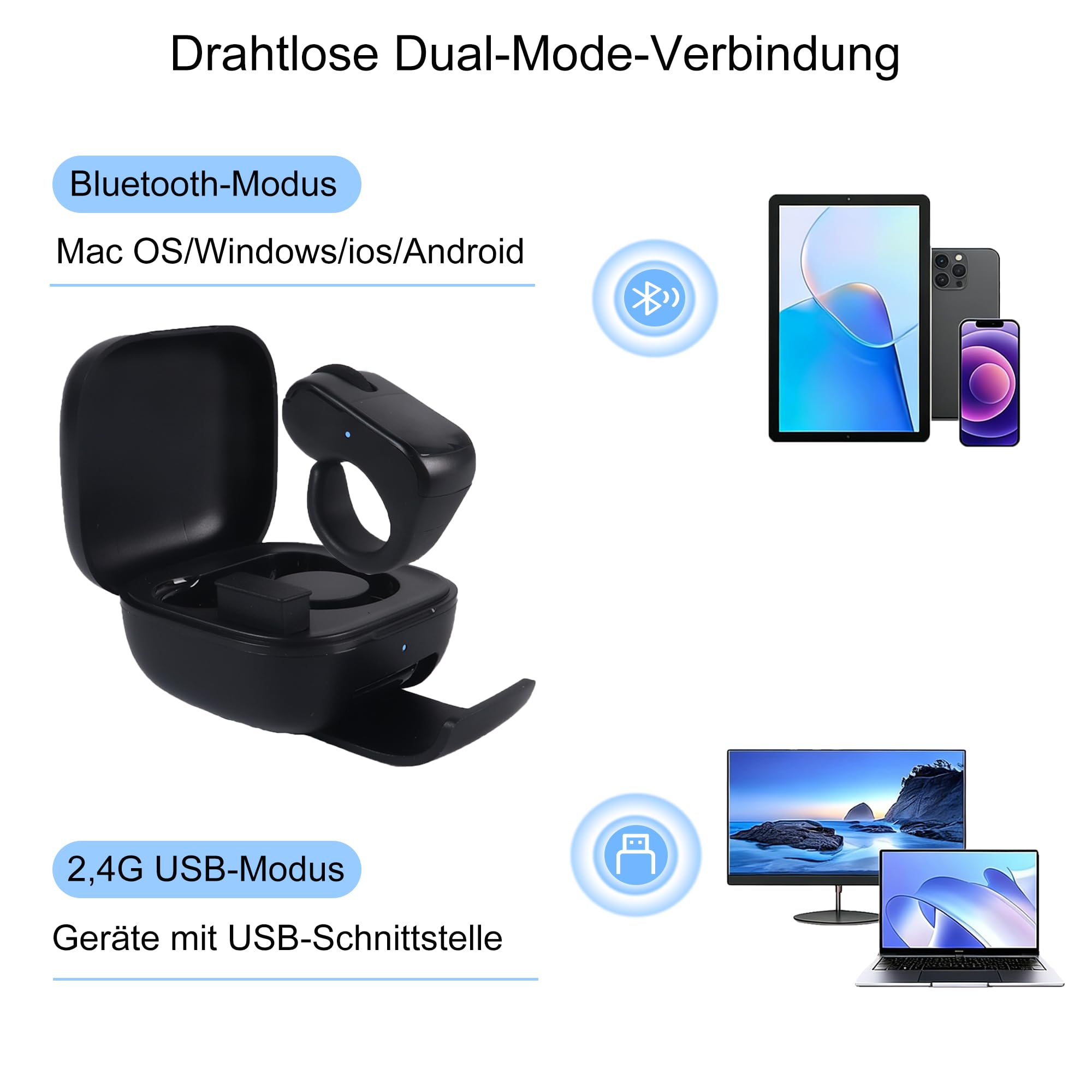 Tiktok Scrolling Ring Fingermaus mit Touchpad, Mini Bluetooth Wiederaufladbare Tragbare Maus mit Ladehülle, Fernbedienung für Kamera/Video/Kindle App/PPT, für PC Laptop Smartphone Tablet (Schwarz)