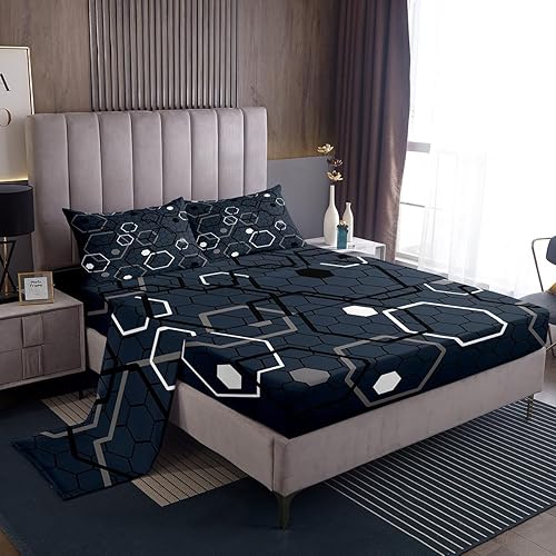 Manfei Juego de sábanas hexagonales tamaño matrimonial, juego de ropa de cama de panal azul marino para decoración de habitación de niños y