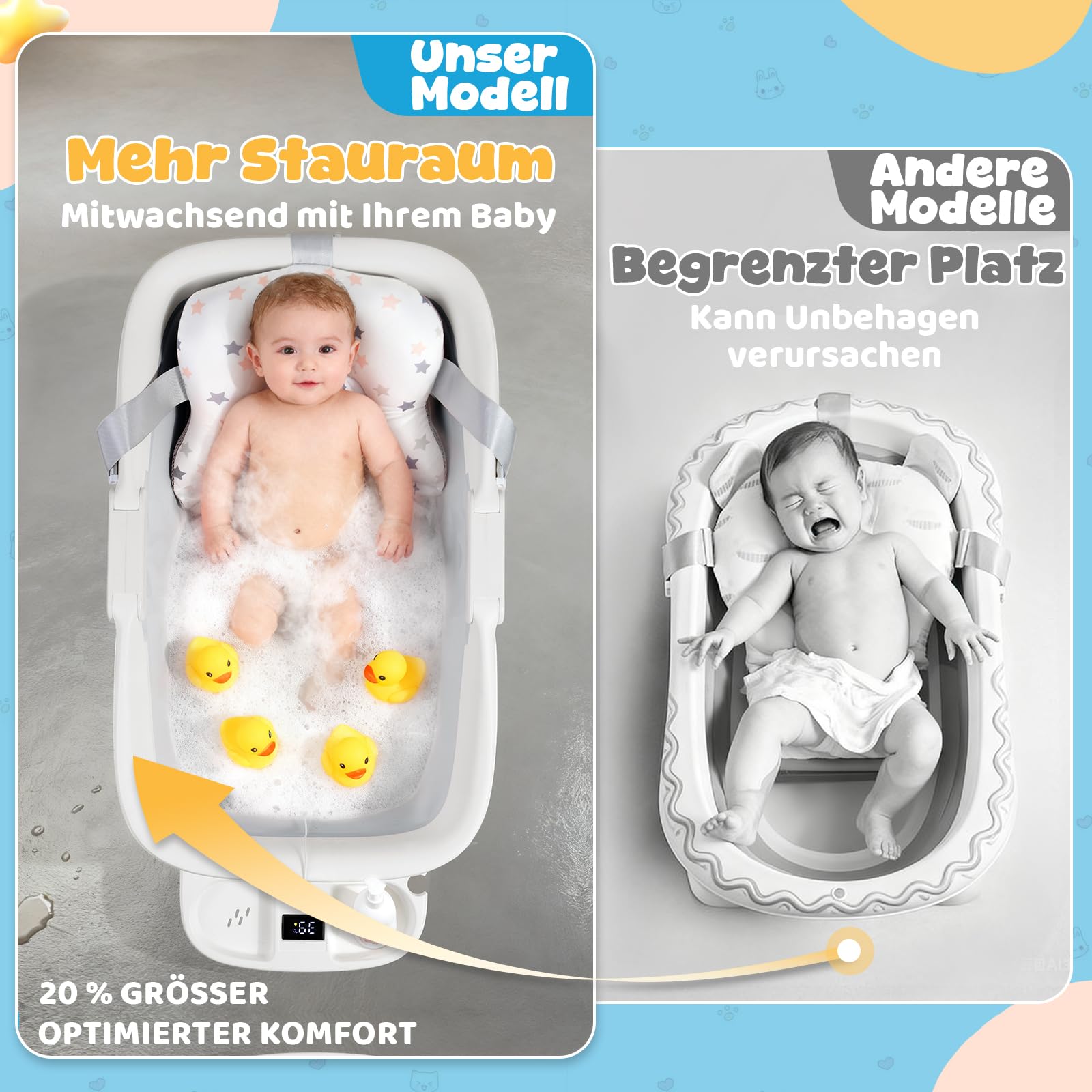 Orzbow Baby Badewanne, Faltbare Babybadewanne mit Thermometer, Große Babywanne für Kinder 0-6 Jahre mit Weicher Polsterung, 3-in-1 Schale, Langlebig, Abflussloch, Ideal für Reisen, Groß XXl, Grau