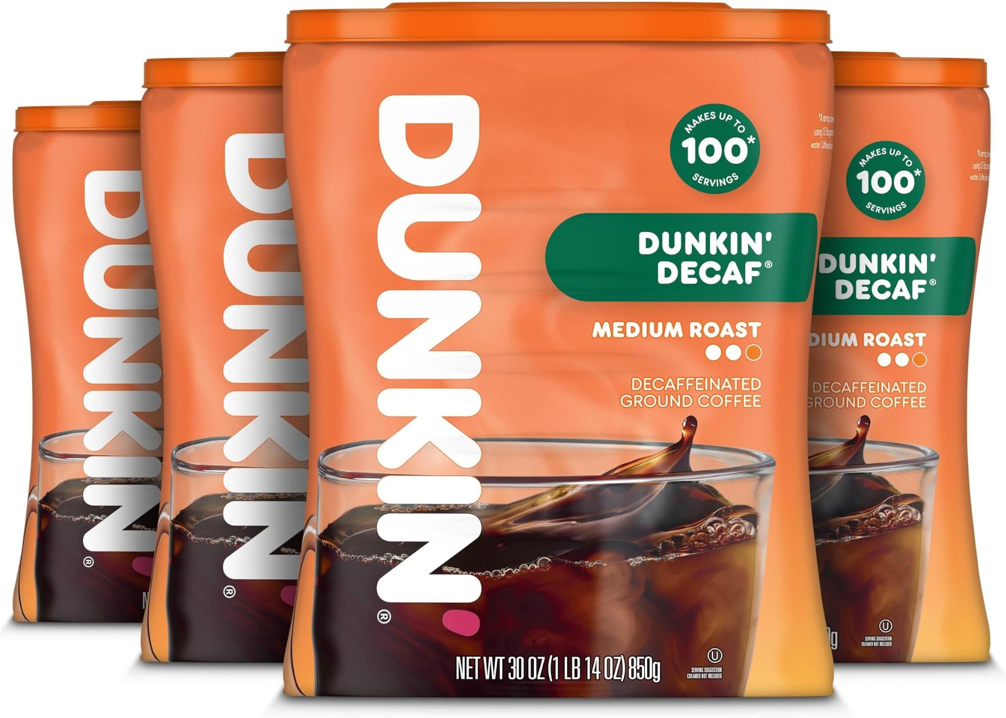 Dunkin’ Decaf Medium Roast Ground Coffee, 30 Oz. Canisters (Pack of 4)