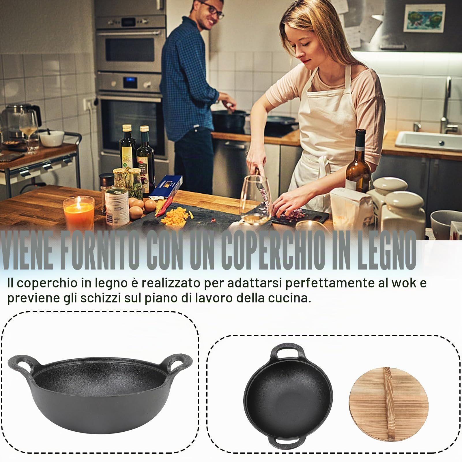 Padella wok con coperchio, in ghisa, con 2 manici, coperchio in legno con base piatta non rivestita per mescolare friggere grill a vapore autentico cibo asiatico cinese (25 cm)