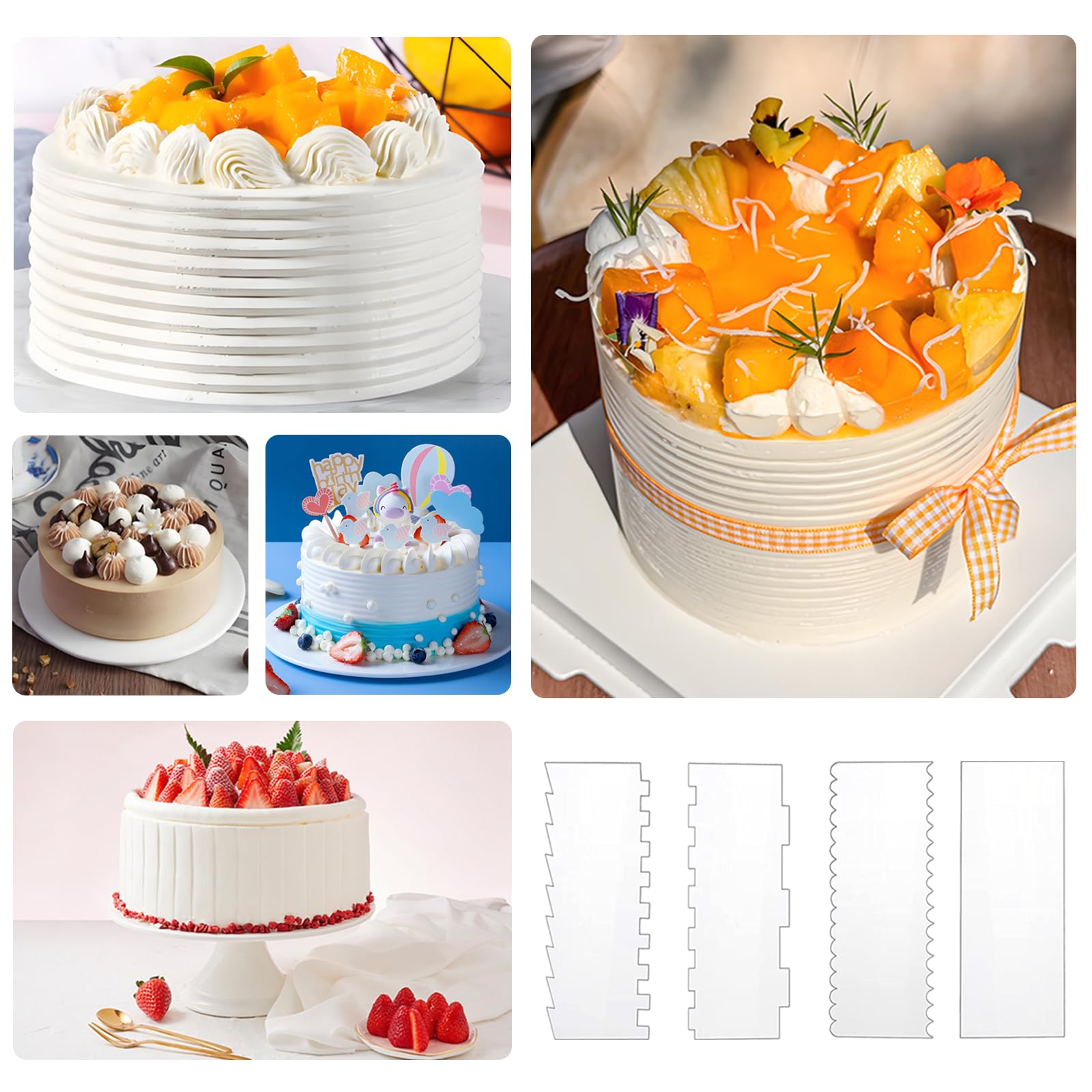 Juego de 4 rascadores acrílicos para decoración de tartas, suministros grandes y transparentes para glaseado, perfecto para glaseado de crema de mantequilla con 7 formas diferentes, duradero