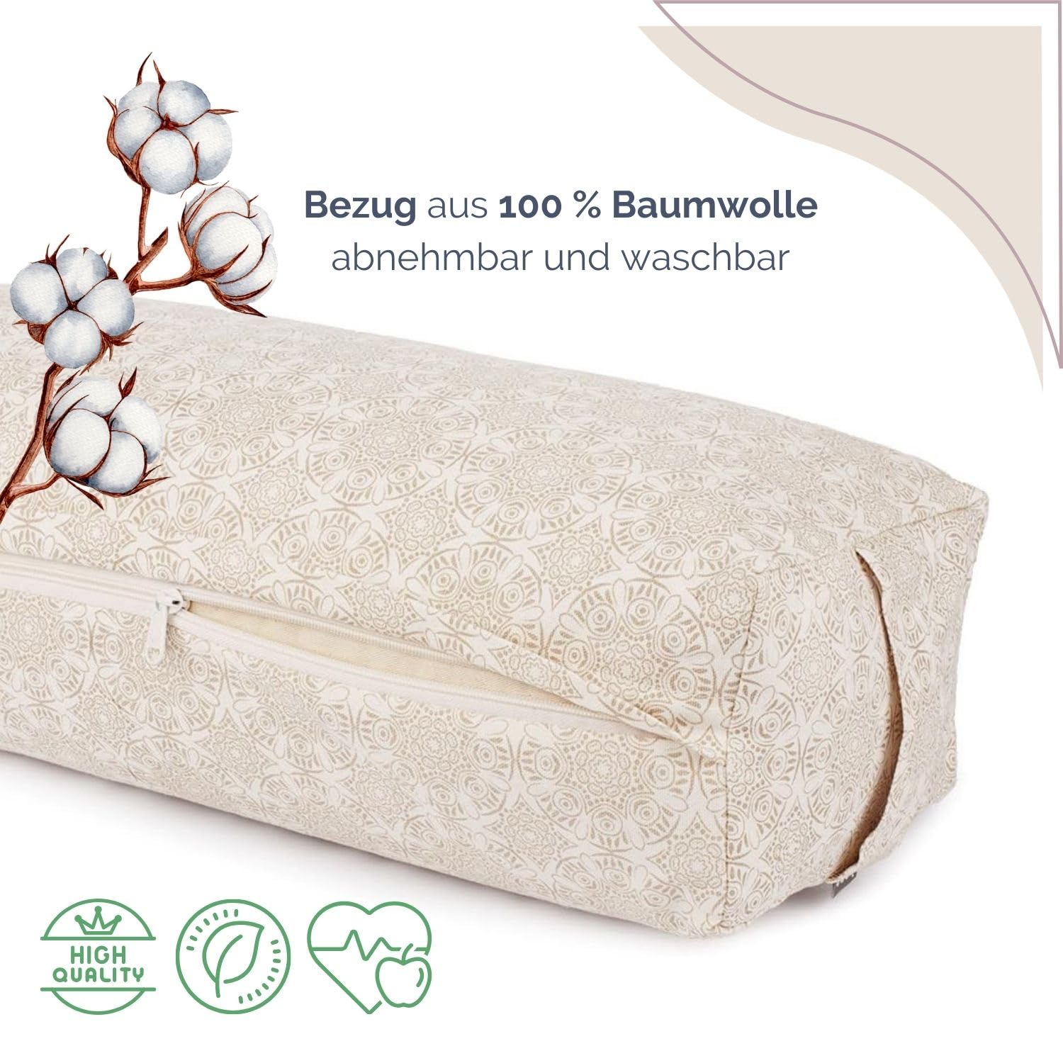 Bodhi Yoga Bolster SALAMBA | Maharaja Collection | Rechteckiges Yogakissen | Waschbarer Bezug aus Baumwolle mit Dinkelfüllung | Zubehör für Restorative und Yin Yoga