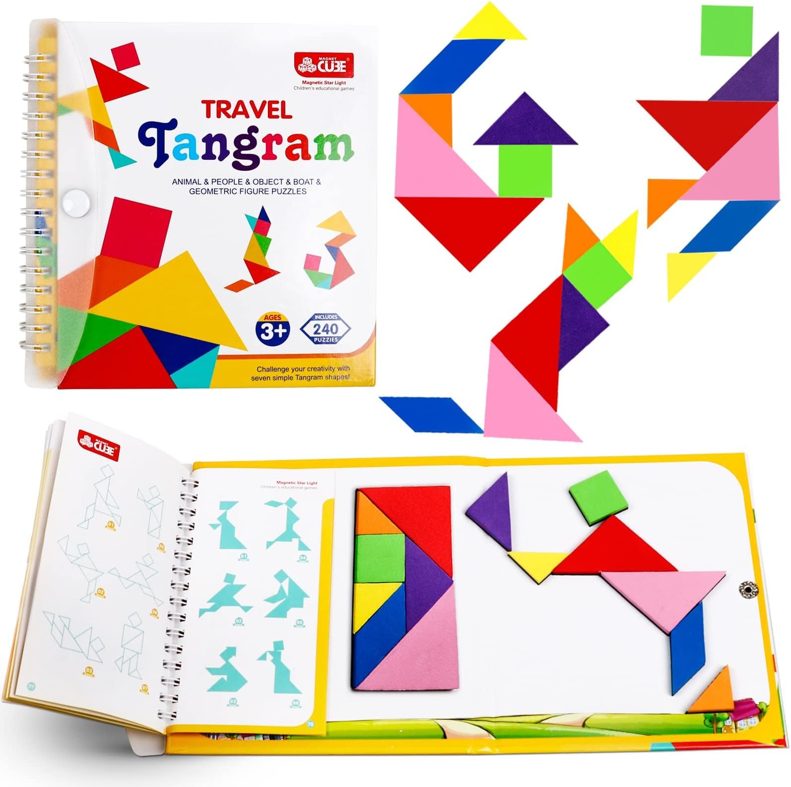 SYOSITravel Tangram Puzzle with Magnetic Plates - Montessori Shape Blocks for Road Trips, 240 Solutions Included - Educational IQ Game for Kids and Adults, Perfect Brain Teaser Gift