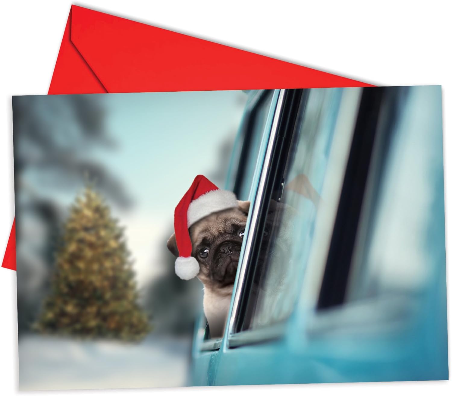 B6481DXSG Box Set of 12 Doggie in The Window Christmas Note Card Featuring a Pug with Santa's Hat Hanging out The Passenger Side Window of a Car; with Envelopes