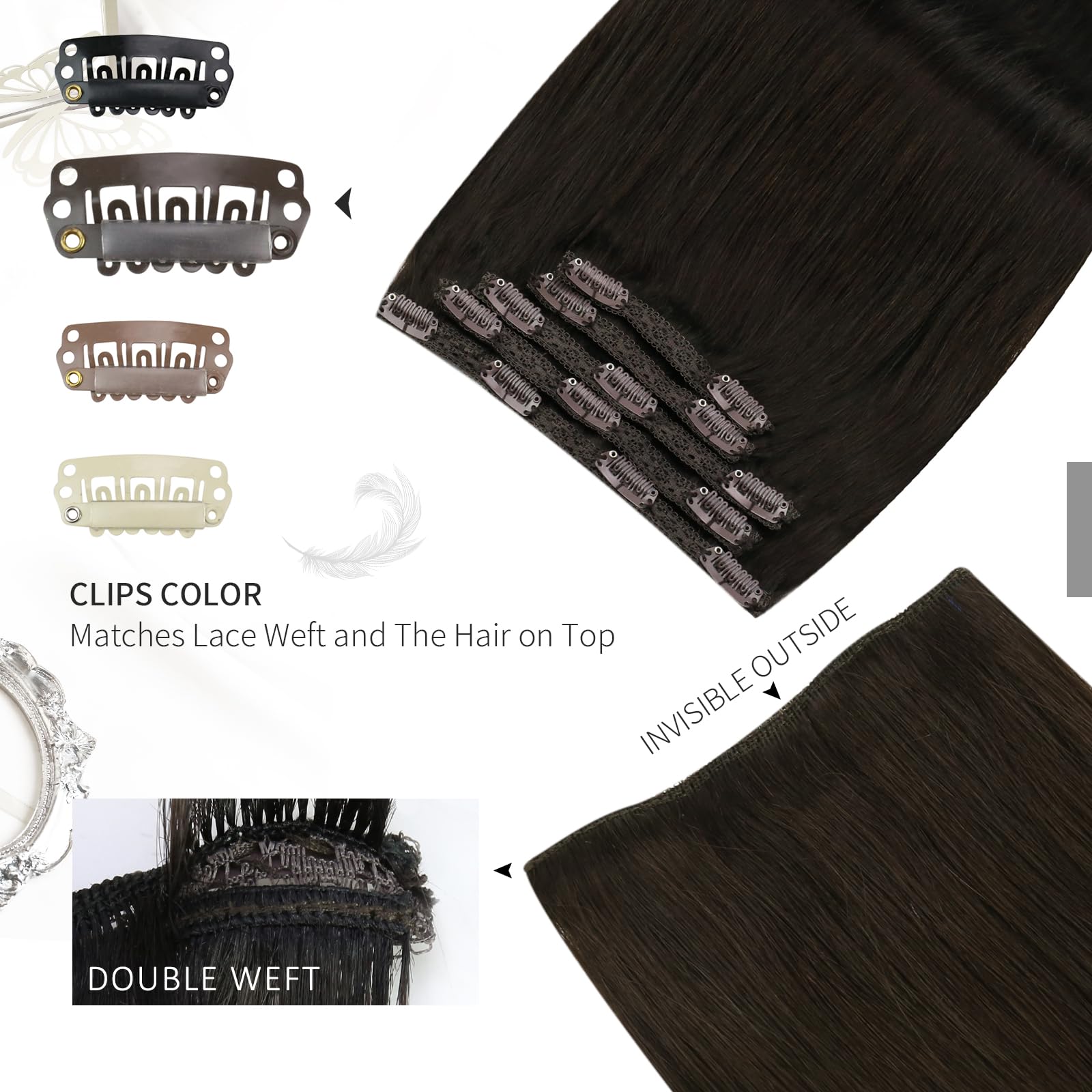 Moresoo Extension Capelli Veri Clip Castano Scuro 40 cm Extension Clip Capelli Veri Remy Extension Capelli Veri a Clip Marrone più Scuro Extension Capelli Clip #2 120g/7pcs