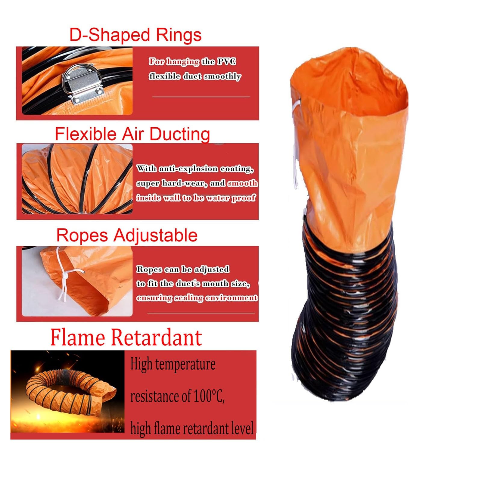 Conducto Flexible ignífugo de Tela de Nailon de PVC de 6,5 a 33 pies con Cuerda Ajustable, Anillos en Forma de D y Soporte de Acero, Apto para Colgar libremente y para Soporte de v