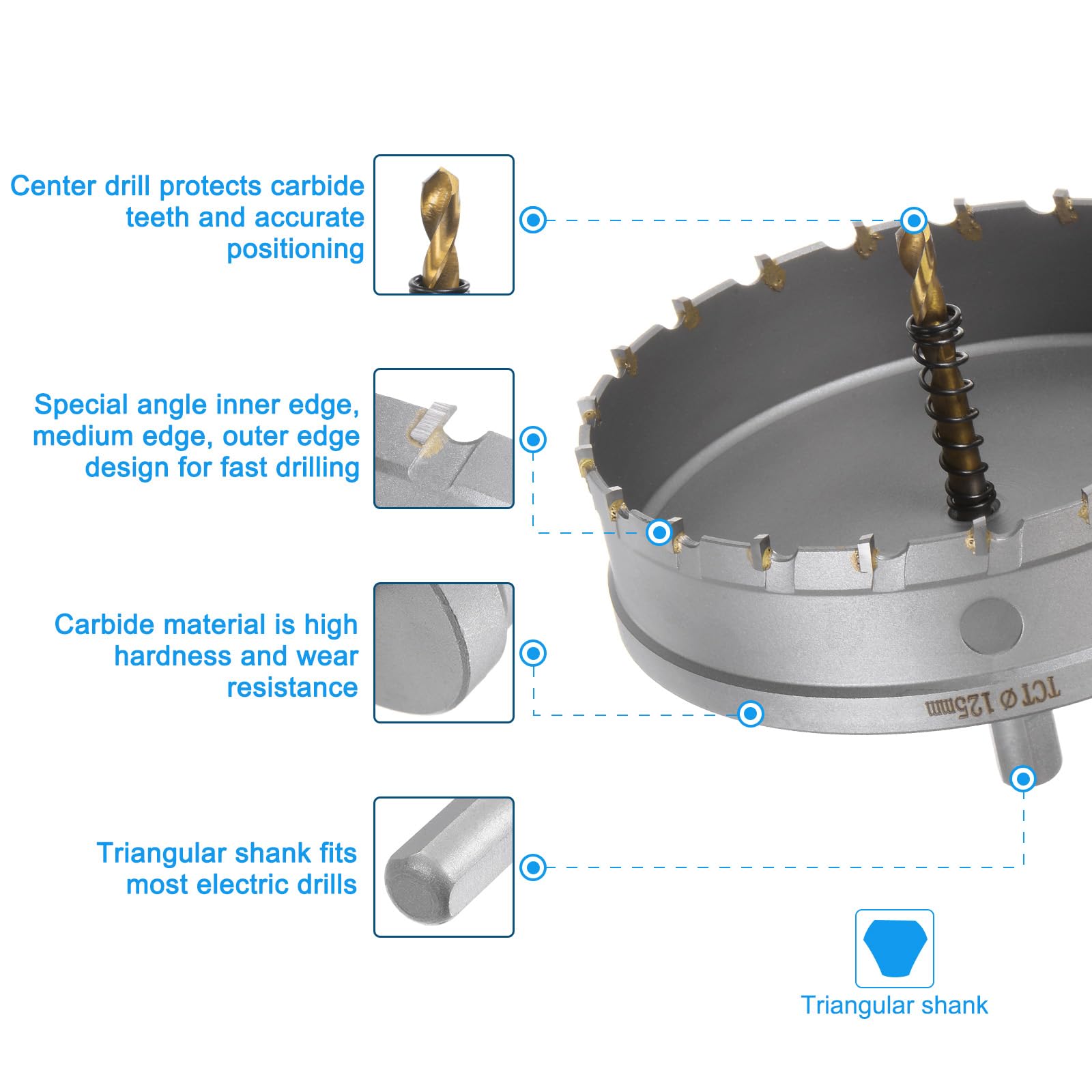 QUARKZMAN Otwornica do metalu TCT z twardego metalu 125 mm / 4,9" średnica do stali nierdzewnej, metalu, aluminium, stopu, miedzi, mosiądzu, plastiku, z dodatkowym bitem środkowym