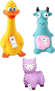 Foodie Puppies 3-in-1 Combo of Latex Dog Squeaky Toy (Blue Bull, Pink Sheep & Yellow Duck) for Small Dogs & Puppies Interactive Animal Design Dog Chew Toy for Teething, Chewing, Training and Playing
