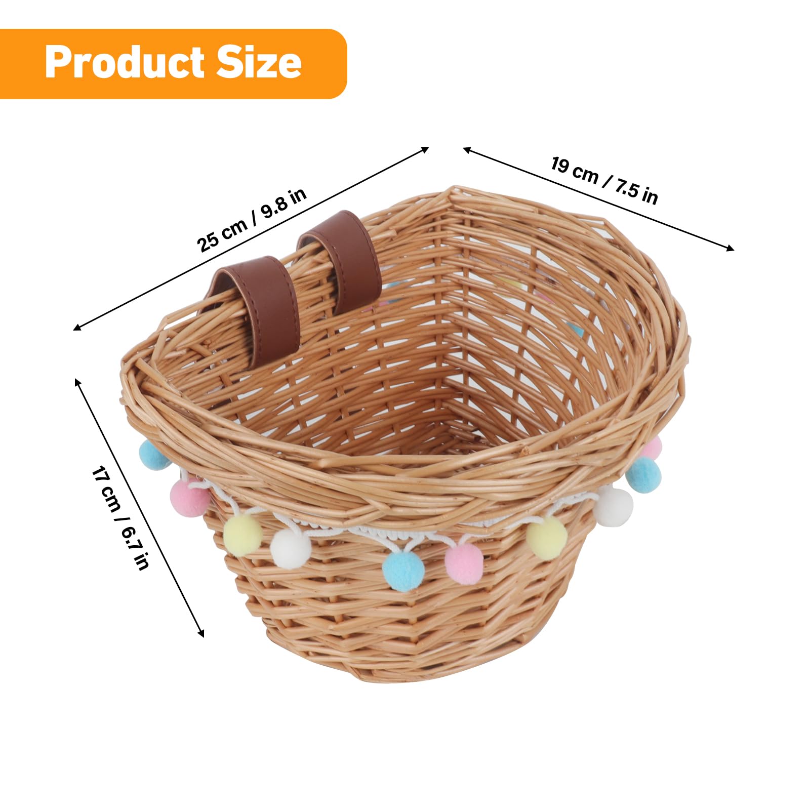 Cestino Bici Bambino, Tessuto a Mano Bambini Cestino in Vimini per Bicicletta, Cestino Bicicletta Anteriore con Cinghie in Pelle E Pompon Colorati per Bambini, 9,8 X 7,5 X 6,7 Pollici