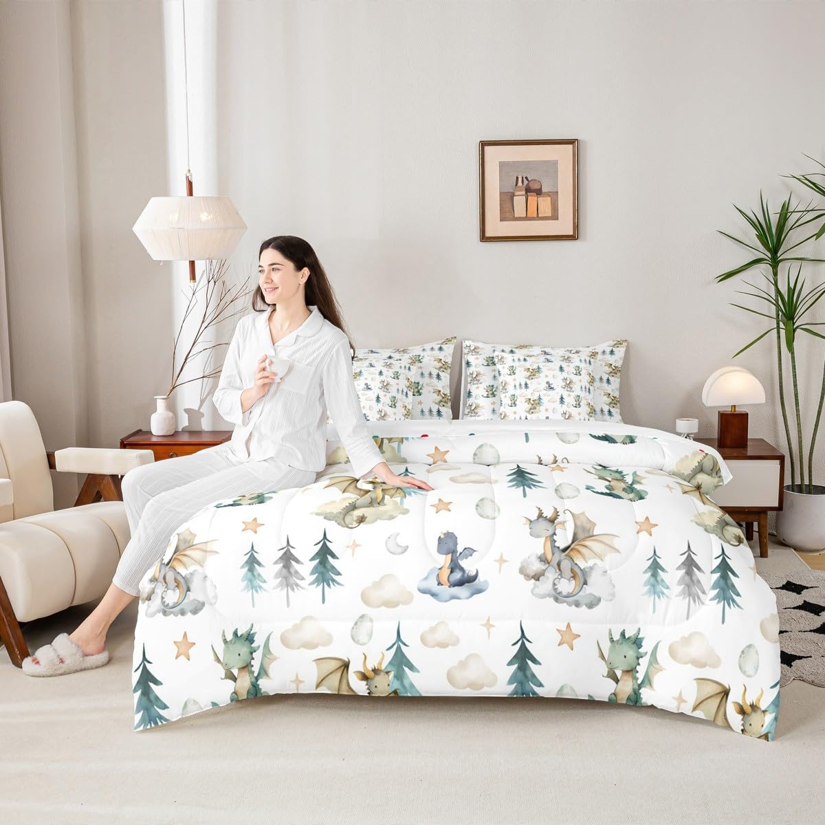 Feelyou Comforter Set with Sheets 7 Piece Twin Size Cute Dragon Bed in a Bag Kids Boys Girls Baby Dragon Bedding Set Kawai Cloudy Bedroom Decor Tree Botanical Soft Microfiber Light Blue White