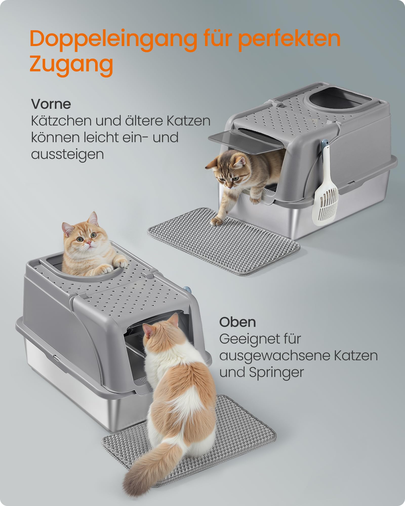 Feandrea Katzenklo Edelstahl, XL, Katzentoilette mit Deckel, mit Schaufel, Bürste und 2 Eingängen, für Katzen bis 15 kg, Taubengrau PPT005G01