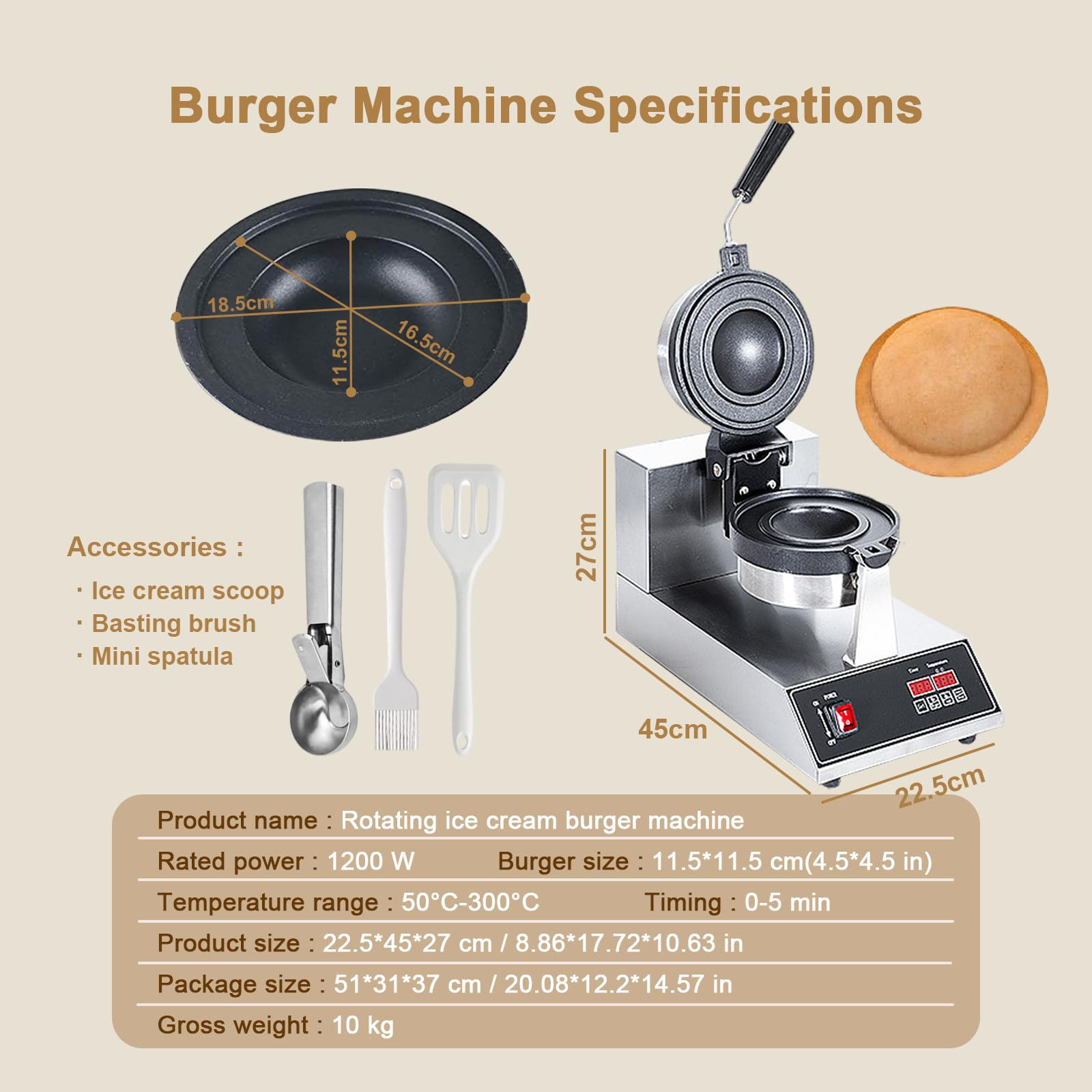 Máquina Comercial para Hacer Hamburguesas Y Helados, con Rotación De 180°, Sandwichera Eléctrica, Temporizador De 0-5 Min Y Control Digital De Temperatura De 50-300 °C