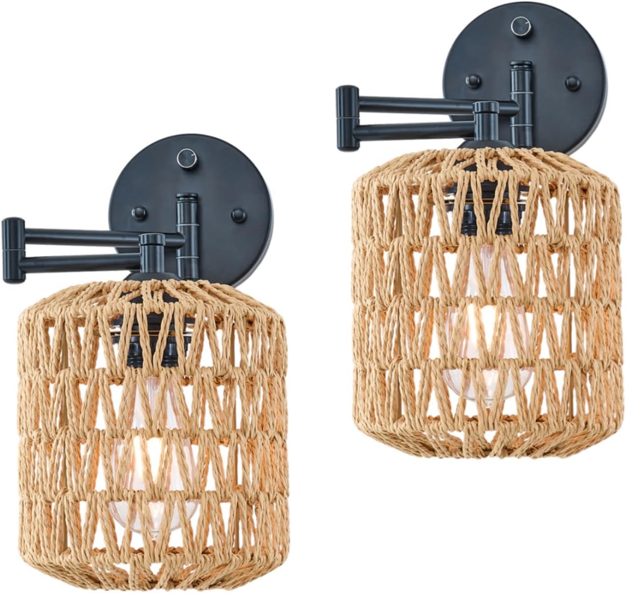 Modern Rattan Wall Sconce Set of Two, Swing Arm Black Wall Lamp with Boho Woven Lampshade & Dimmable On/Off Switch, Wall Mount Reading Light Fixture Bedside Lamp for Stairway Bedroom Living Room