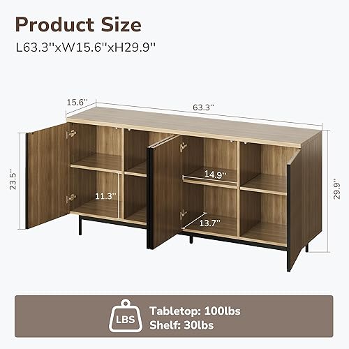 Miniatura 2 de BELLEZE Colemen - Armario de buffet aparador, armario de almacenamiento de 63 pulgadas con puertas decorativas estriadas, mesa consola moderna para