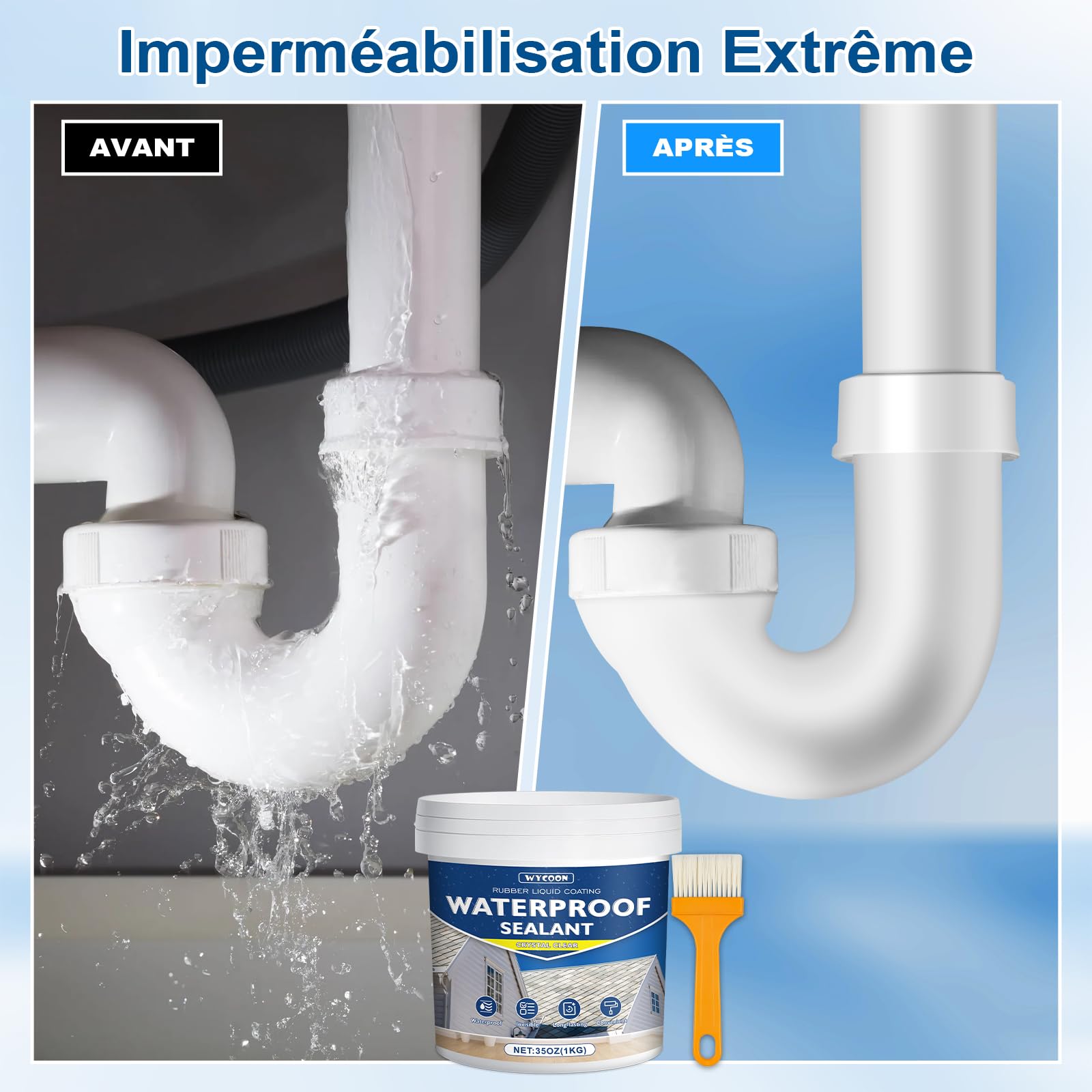 LiquiÉtanchéité Transparent 1KG | Agent Anti-Fuite Imperméable Intérieur/Extérieur | Réparation Fuites Salle de Bain, Toiture, Carrelage | Membrane Waterstop Incolore à Base d'Eau