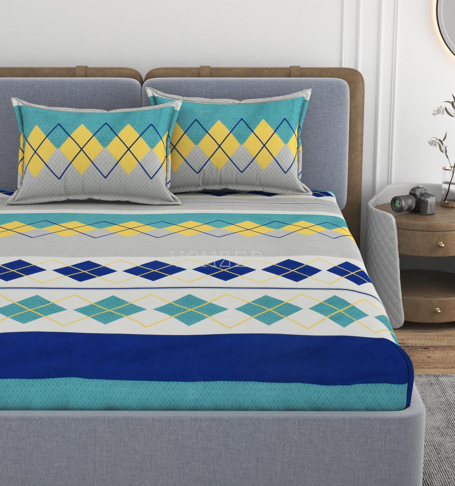 VOMZER 320 TC Cotton Feel All Around Elastic Fitted Printed Bedsheets King Size, Premium Elastic Fitted King Size Bed Sheet for Double Bed with 2 Pillow Covers, Size- 78 x 72 (Blue Box)