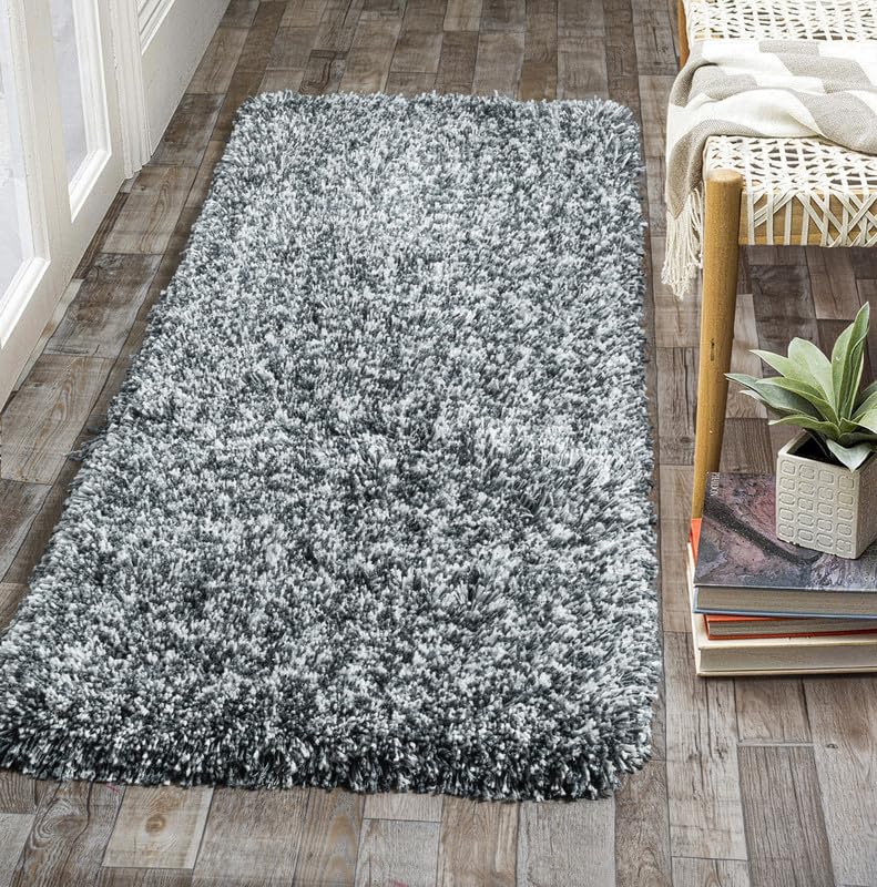 Image of FIASCO Tie Dye Shaggy Carpet Bedside Runner | 2 Inch Pile Height Back in Canvas for Bedroom, Kids Room, Guest Room Microfiber Soft Plush Fluffy Shaggy Carpet | 1.5x4 Feet Dark Grey Ivory Mix