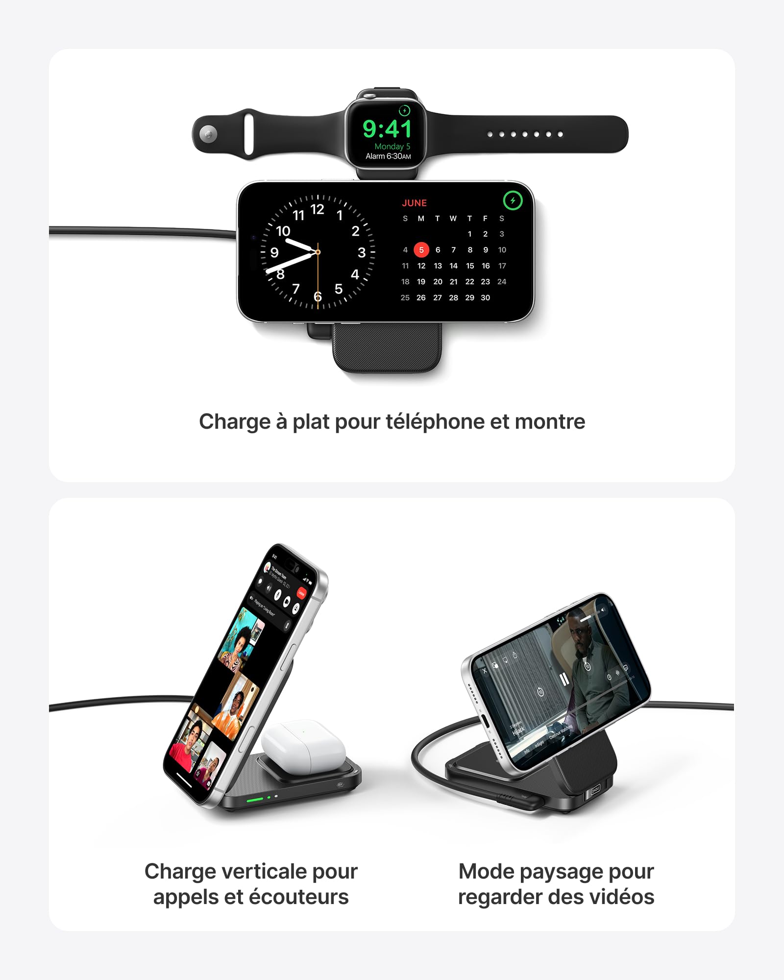 INIU 3 en 1 Chargeur Induction iPhone, 15W Certifié Qi2 Chargeur Sans Fil Magnétique, Station de Charge Rapide Mag-Safe Pliable pour Apple Watch SE iPhone 17 16 15 14 13 AirPods(avec Adaptateur USB C) | Pliable, Idéal pour Voyages, Station de Charge Rapid