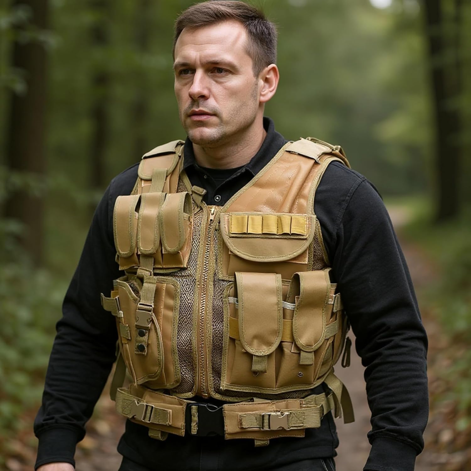 Men'S Khaki Armed Airsoft Vest, Breathable Lightweight Combat Gear, Adjustable With Pouches, 21.7 X 19.7 In / 55 X 50 Cm