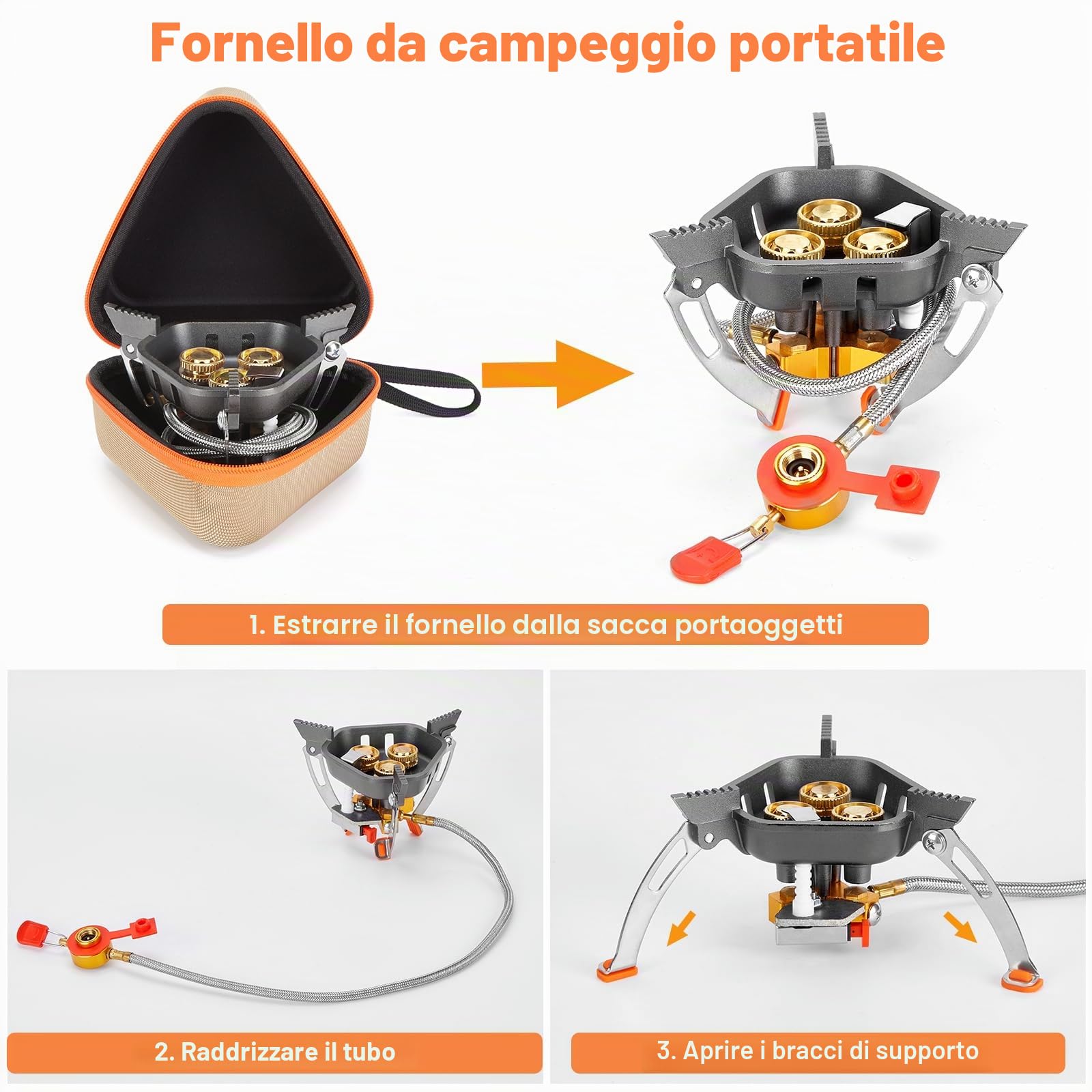 WADEO Fornello da Campeggio Pieghevole Antivento, [7200w] [Base Ultra Stabile] Fornello a Gas Portatile con Accensione Piezoelettrica e Adattatore Butano, per Trekking, Picnic, Outdoor