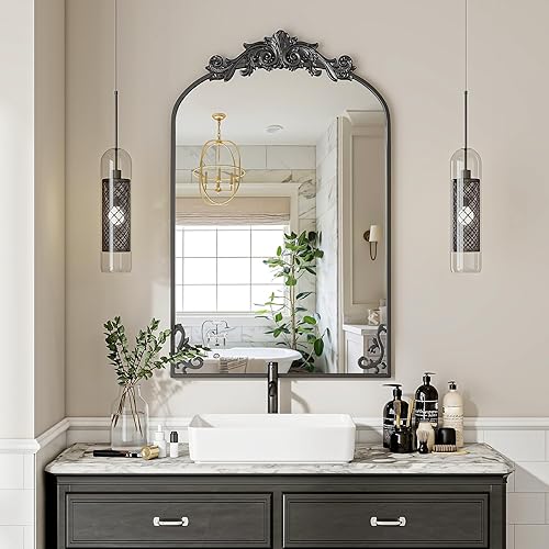 Miniatura 9 de VooBang Espejo de baño vintage arqueado de 26 x 38 pulgadas, magnífico espejo de tocador de pared con hermoso marco retro de proceso de grabado