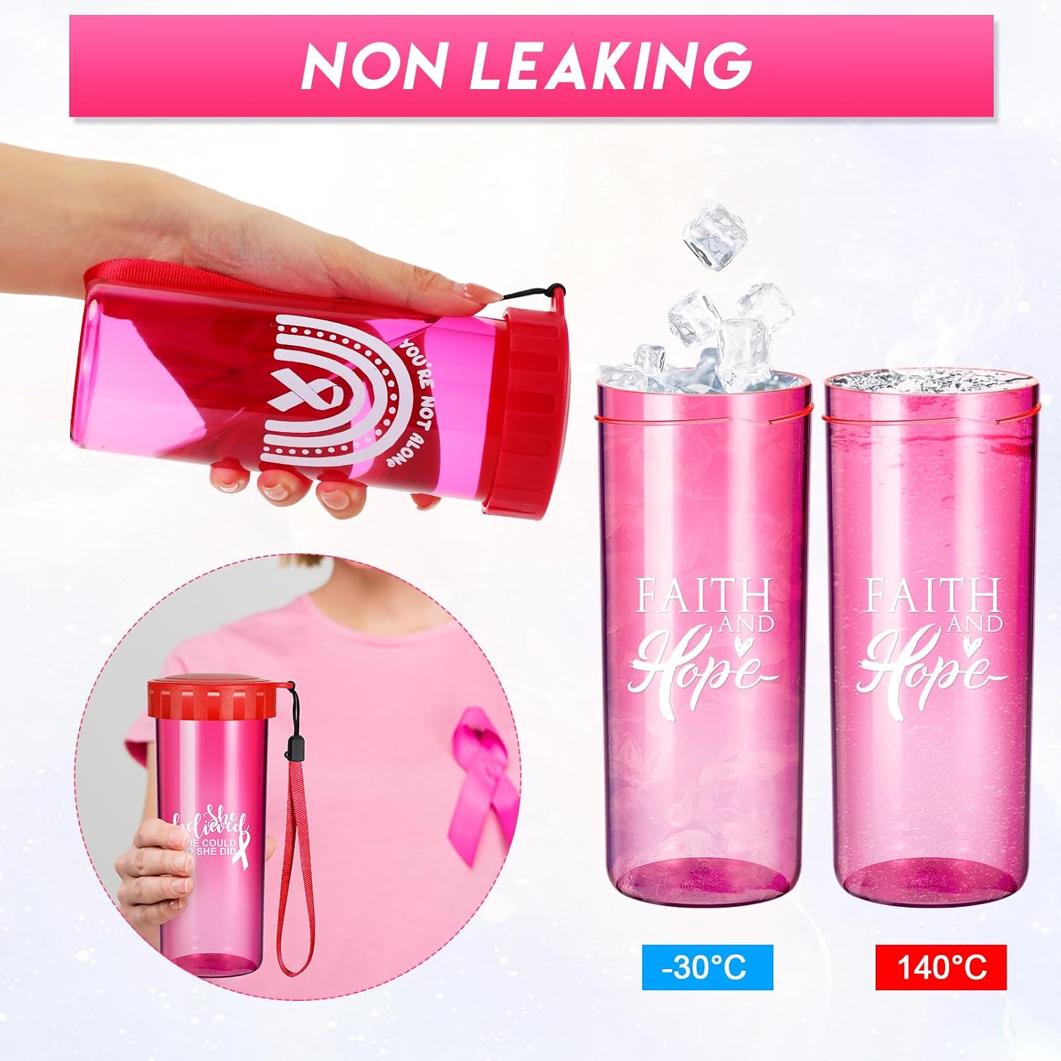 Uiifan 10 Pcs Breast Cancer Awareness Gifts for Women 14.5 oz Plastic Water Bottles with Pink Ribbon Inspirational Breast Cancer Gifts Reusable Pink Water Cups for Charity Survivor Events Supplies