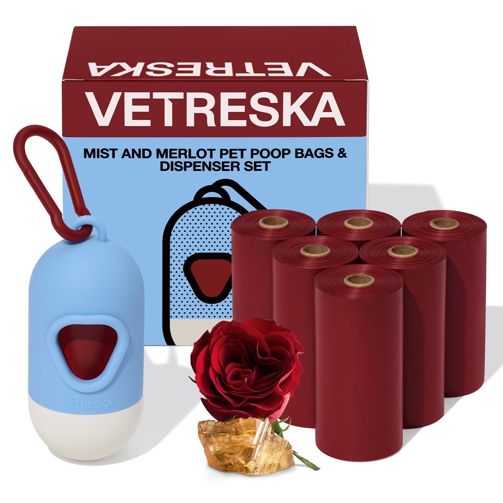 VETRESKA Dog Poop Bag with Dispenser, Leak Proof, Extra Thick Pet Waste Bags for Dog Walking and Cat Litter, Rose & Amberwood Scented, 1 Count Bag Holder and 105 Bags (7 Refill Rolls)