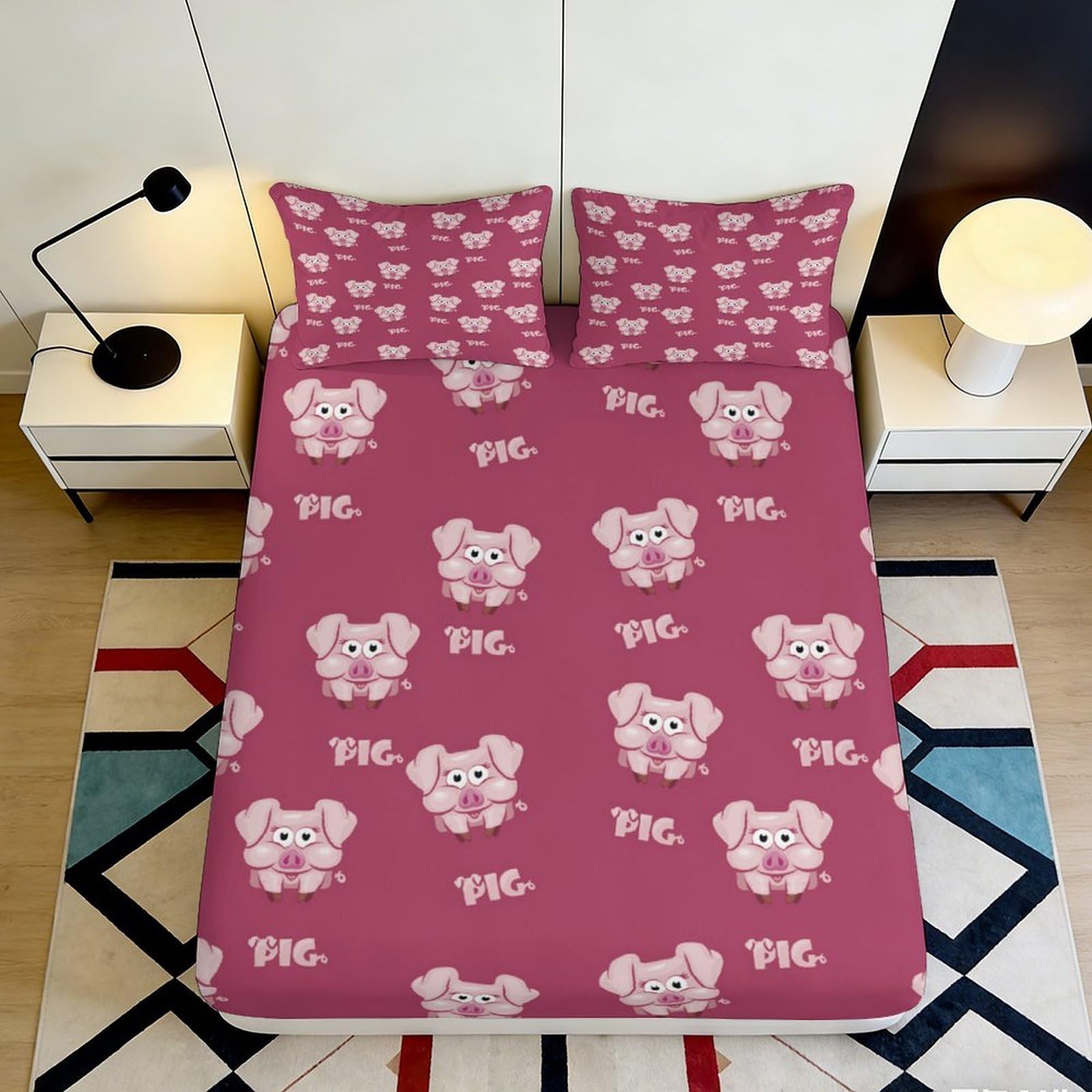 3D Printed Pink Cute Pig Fitted Sheet Microfiber Soft Cartoon Animal Mattress Cover for Bedroom Dorm Protection 90x200x25cm