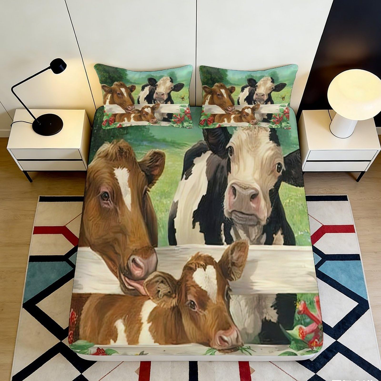 Rqzkjxnhpf Style-5 3D Printed Pastoral Cow Fitted Sheet Microfiber Deep Pocket Non-Slip Bedding Set Farm Style Mattress Fitted Cover Washable 200X200x25cm 90X200x25cm