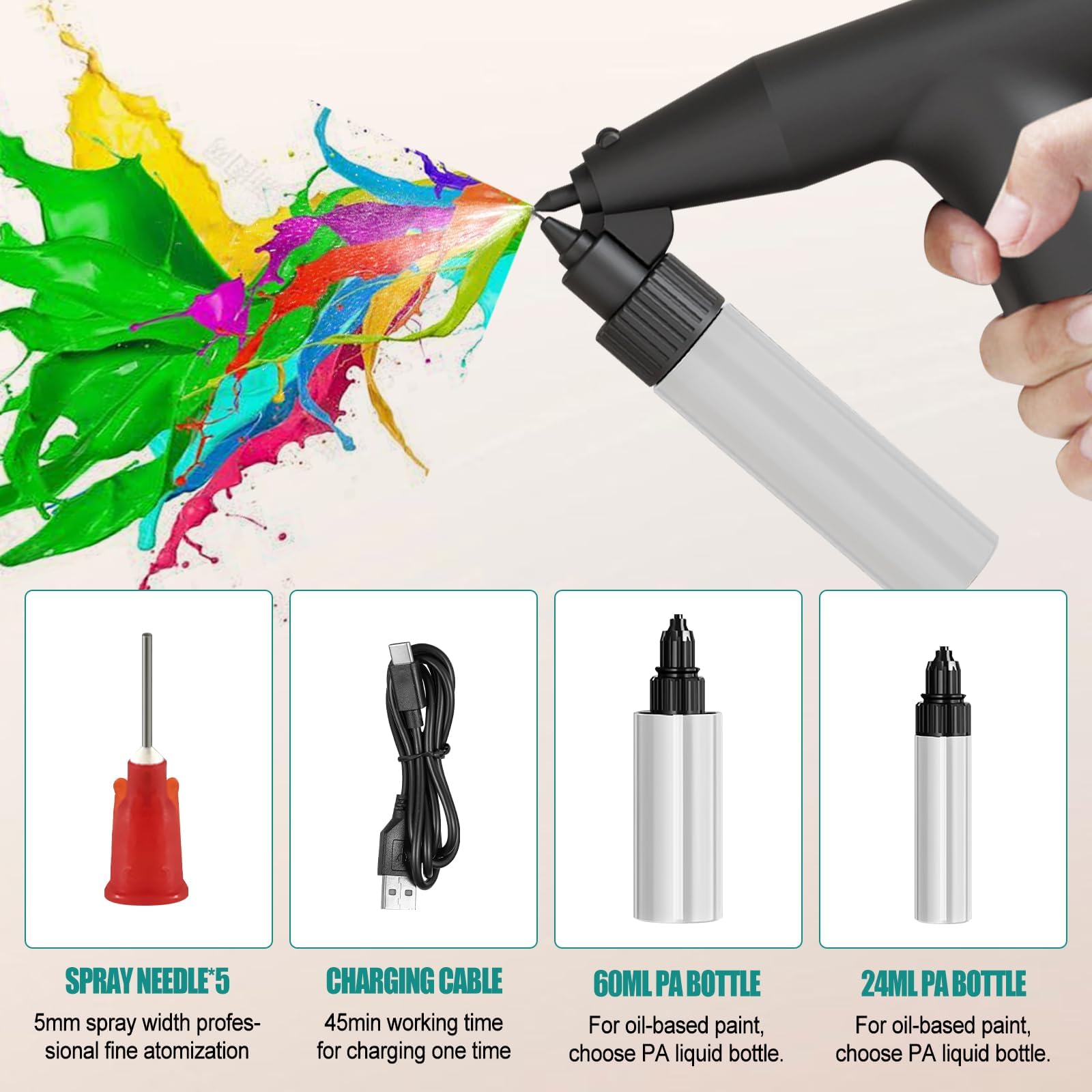 Pistola de Pintura Eléctrica para Artística 50 100Mm Distancia con 2 Botellas Líquido y 5 Boquillas Pulverización Portátil Automática para Coche Bicicleta Motocicleta DIY Water Based Paint