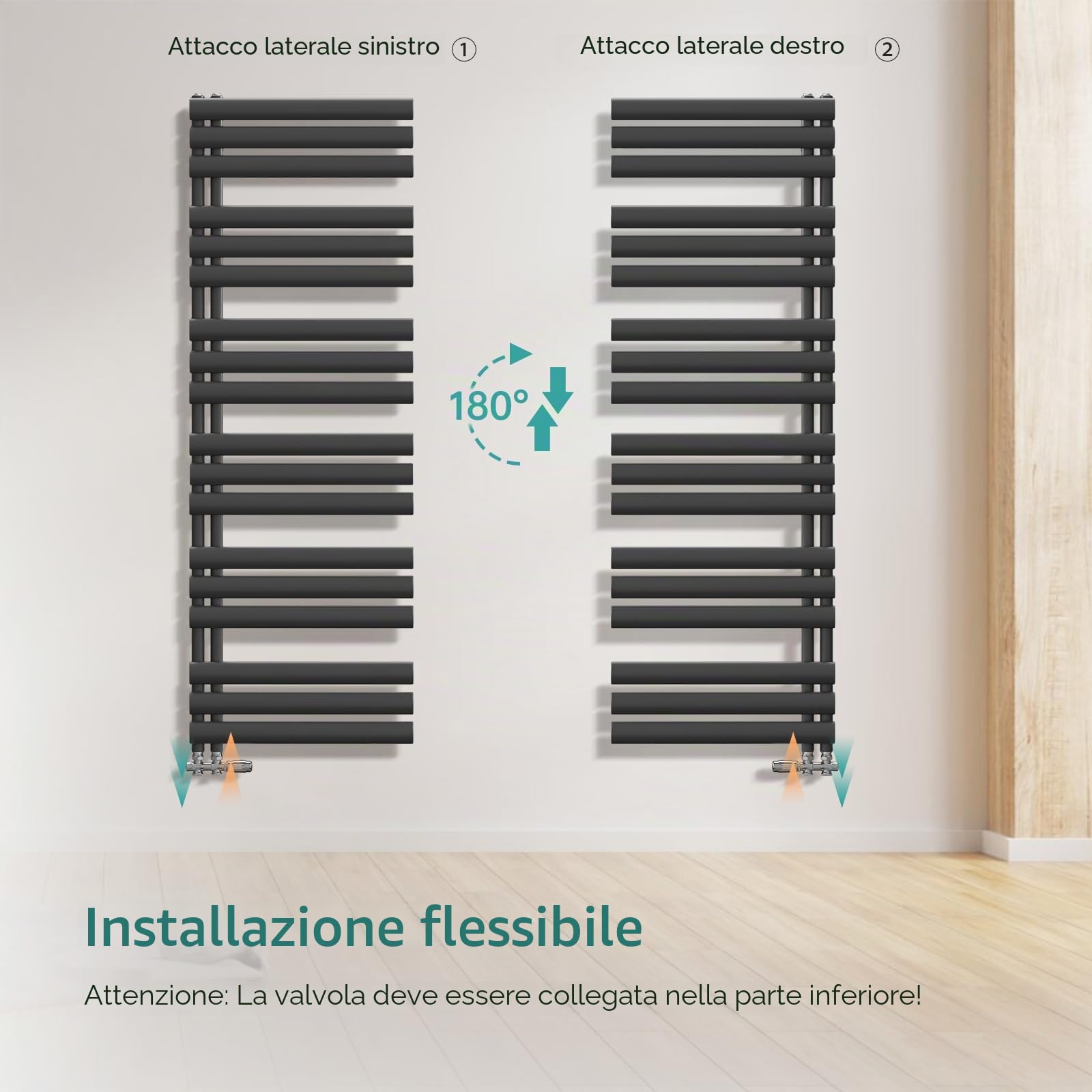 EMKE Scaldasalviette ovale da bagno, 143 x 40 cm, con attacco laterale, per bagno, colore: antracite, 510 Watt
