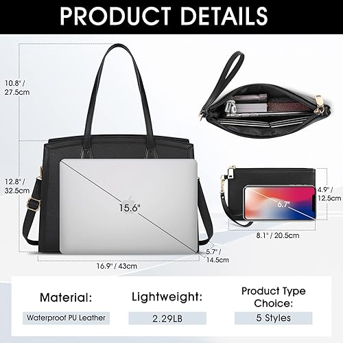 Miniatura 4 de Bolsa para laptop para mujer de 15.6 pulgadas, impermeable, maletín de trabajo de gran capacidad, bolso de cuero para oficina, negocios, 2 unidades,