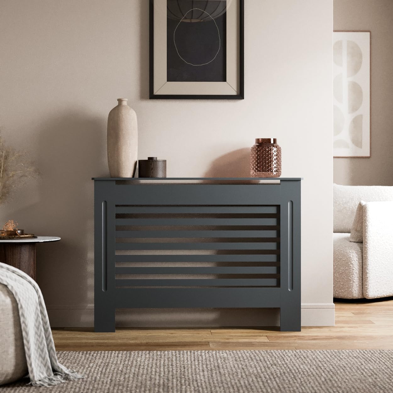 Radiant Living Anthracite Radiator Cover Horizontal Slat Design, Modern Grey Mdf Radiator Cabinet For Living Room & Bedroom, Medium 112 X 81.5 X 19Cm