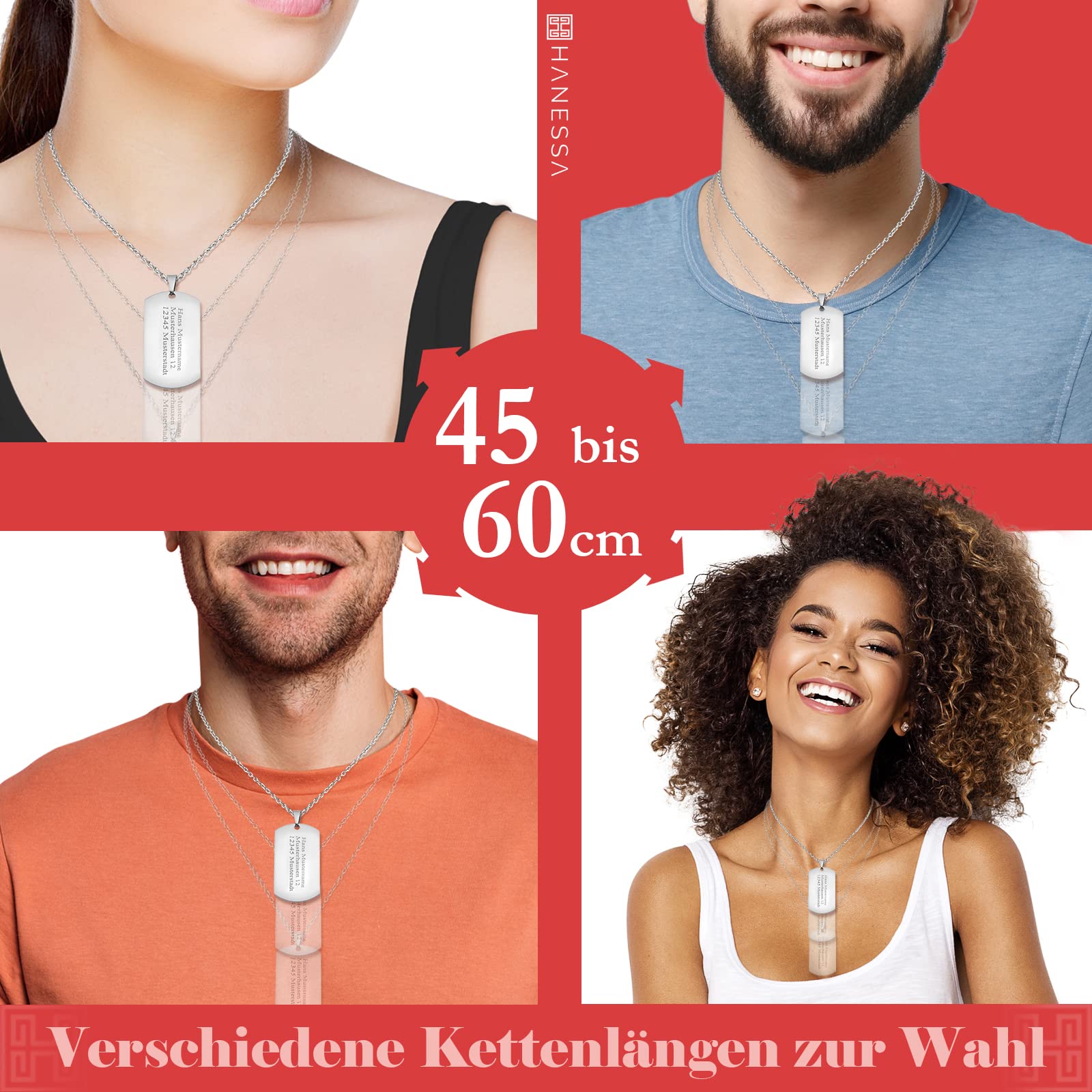 Personalisierte Kette mit Gravur Edelstahl 50 cm mit Anhänger Dog Tag einseitig oder beidseitig in silber - Personalisierte Halskette für Männer Frauen - Personalisierter Schmuck Damen Herren