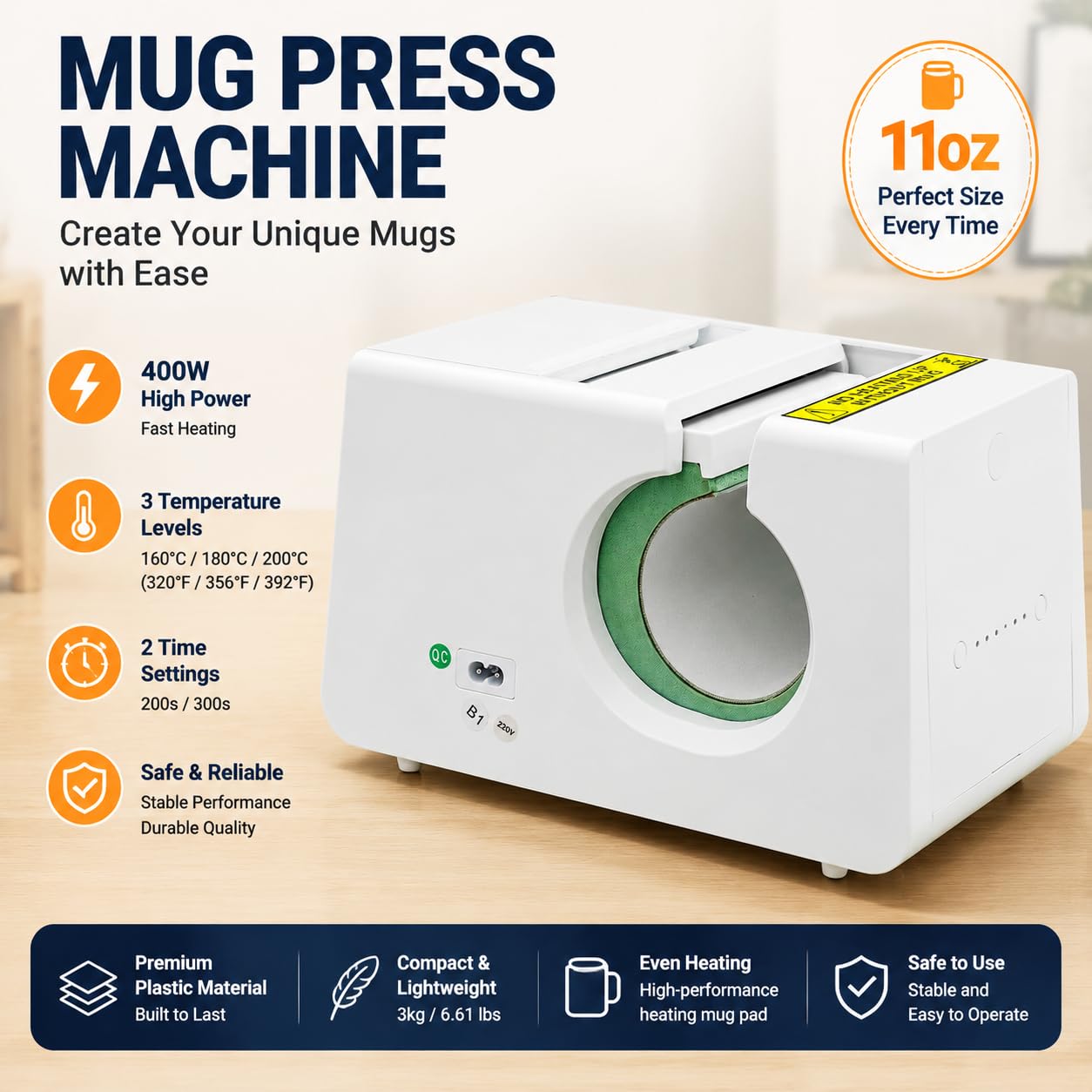 Madelynn Prensa para tazas de 400 W, 330 ml, prensa de calor con 3 ajustes de temperatura 160/180/200 °C y 2 ajustes de tiempo, prensa de vasos para 11 oz