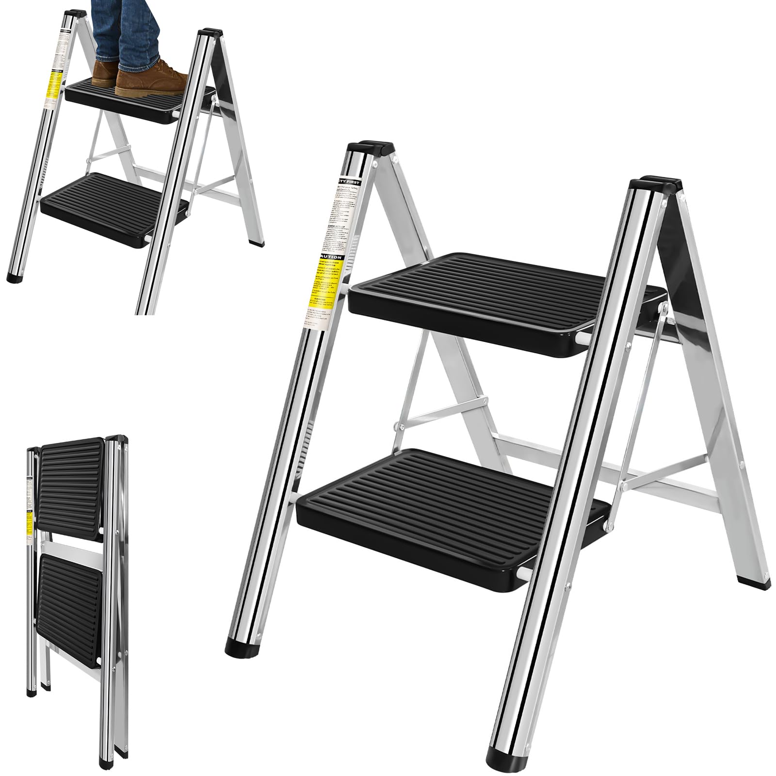 Folding 2-Step Ladder, Heavy Duty Stainless Steel Foldable Ladder with Anti Slip Steps and Feet, Lightweight Stepladder, Easy to Store, Household Ladder for Home/Kitchen/Garage, 150KG Max Capacity
