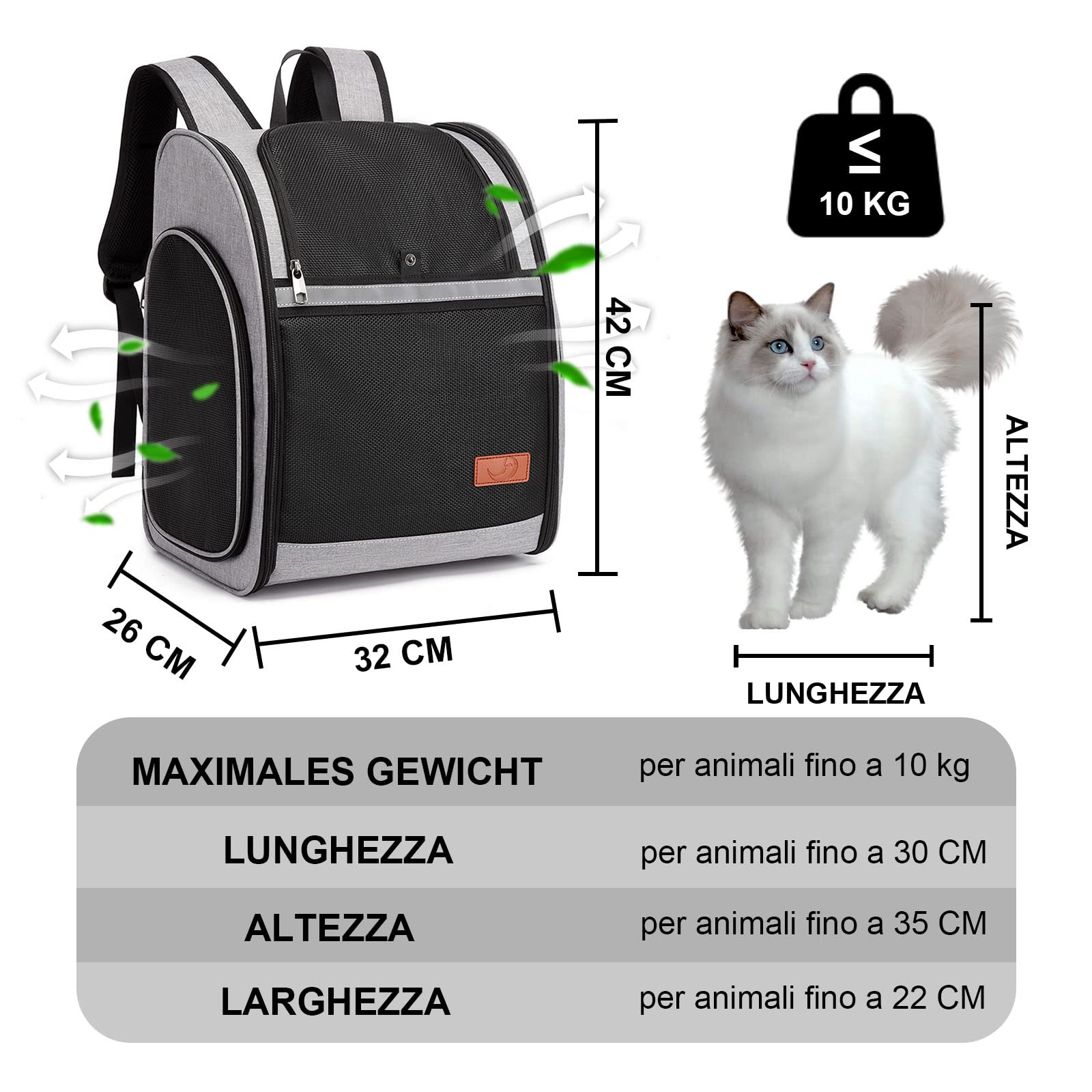ZFSOCK Zaino Trasportino per Gatto Cani: Piccoli Animali Domestico Cane e Grande Gatti 10 KG Borsa Portatile Traspirante Pieghevole con Cinturino di Sicurezza Interno per Viaggo Campeggio - Grigio