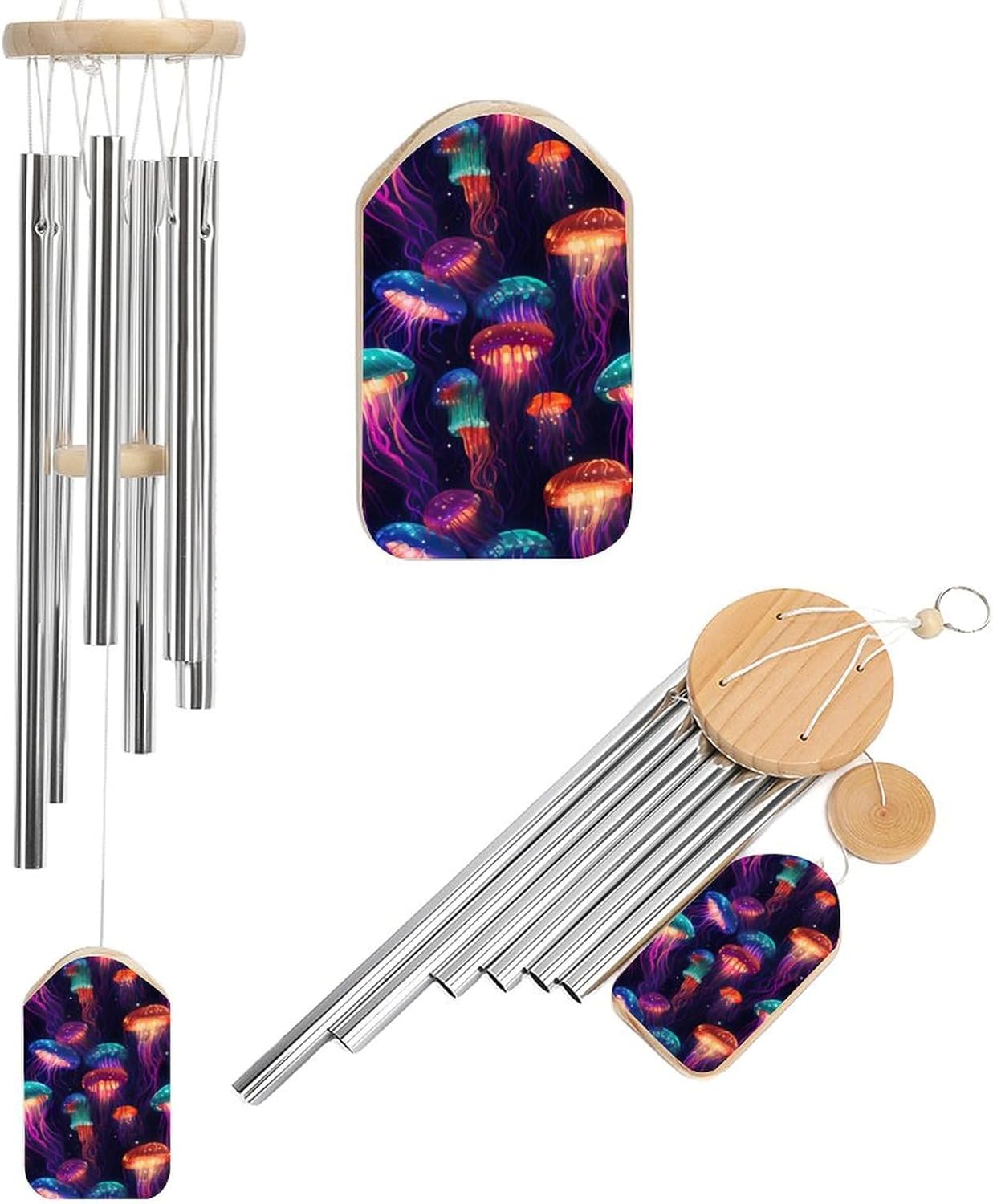 Glowing Colorful Jellyfish Wooden Wind Chimes Deep Tone Memorial Windchime for Outside Garden Home Decoration