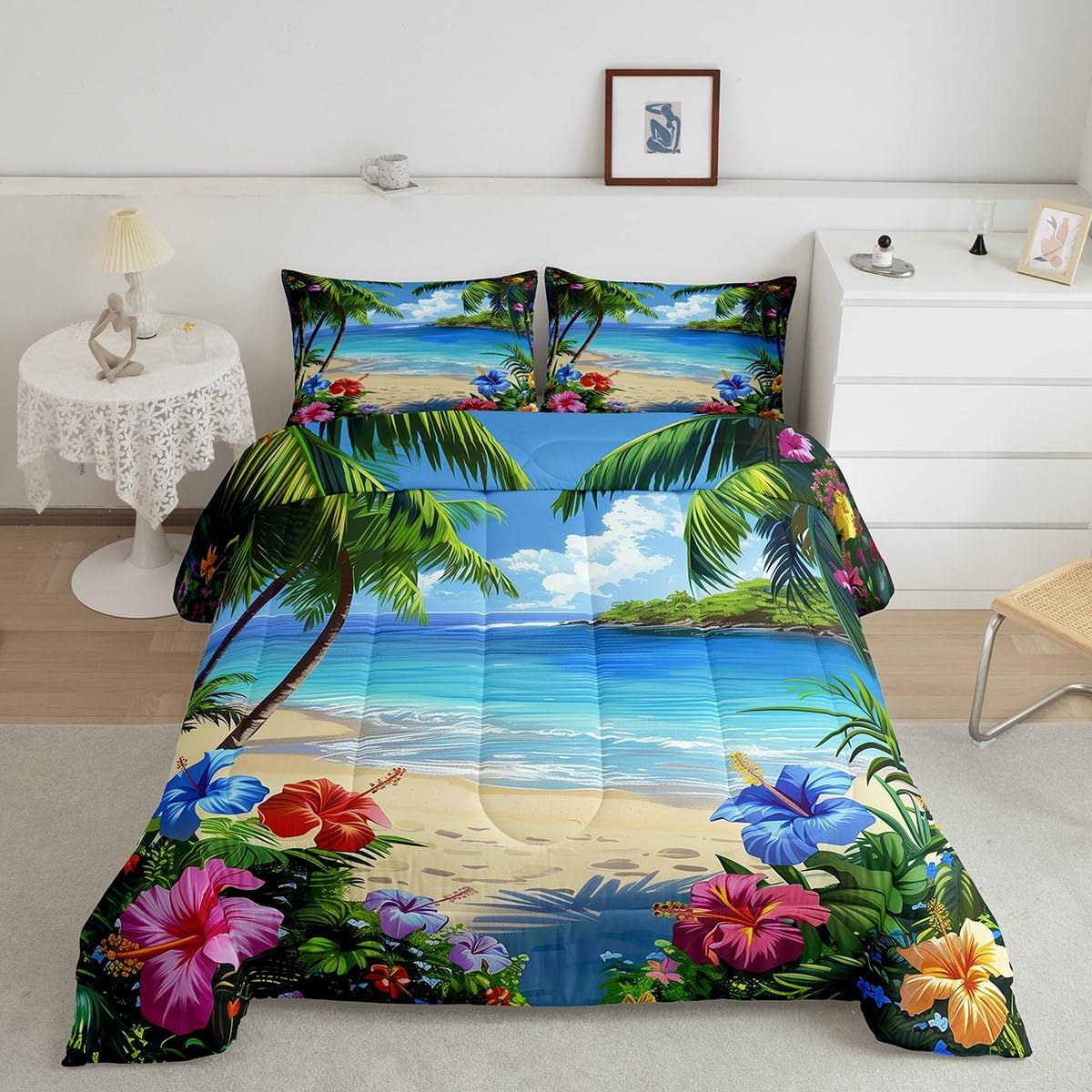 Erosebridal Coastal Beach Bedding Set Queen Tropical Hawaii Theme Comforter Set Blue Ocean Nautical Bedding Comforter Sets for Kids Boys Girls Room Decor,Green Palm Tree Plants Flowers Bed Set