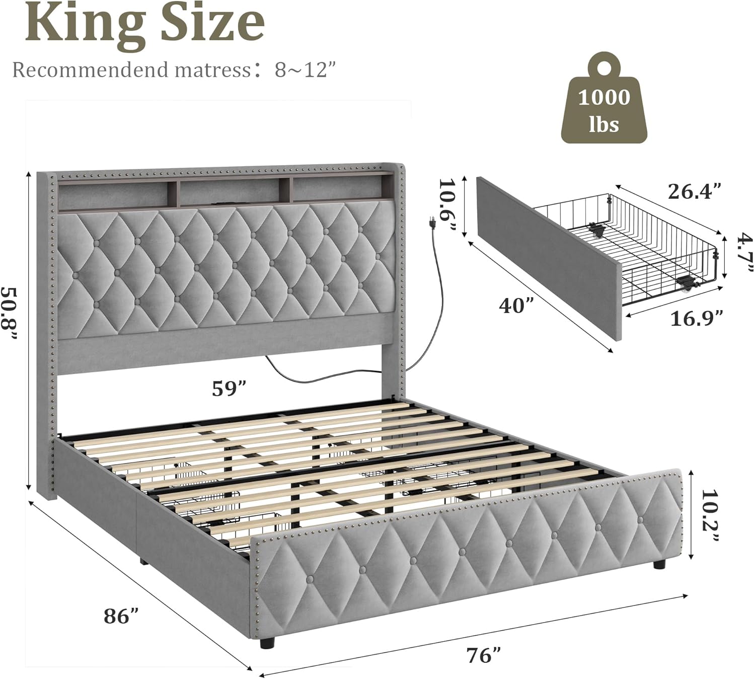 garveehome king size bed frame with 50.8" tall headboard, platform velvet upholstered bed frame with 4 storage drawers, usb charging station, led lights, no box spring needed, easy assembly, dark grey grey king (u.s. standard)